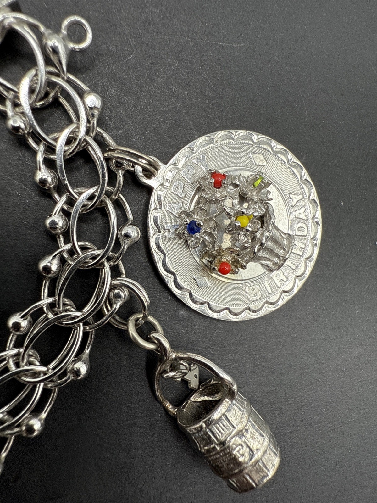 VINTAGE STERLING SILVER CHARM BRACELET Champagne Hat Barrel Grad 32 G 7” J13