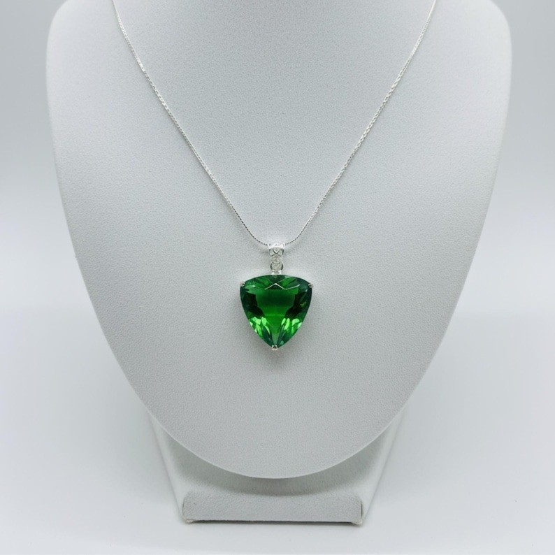 Handmade Green Emerald Trillion Pendant with Silver Chain