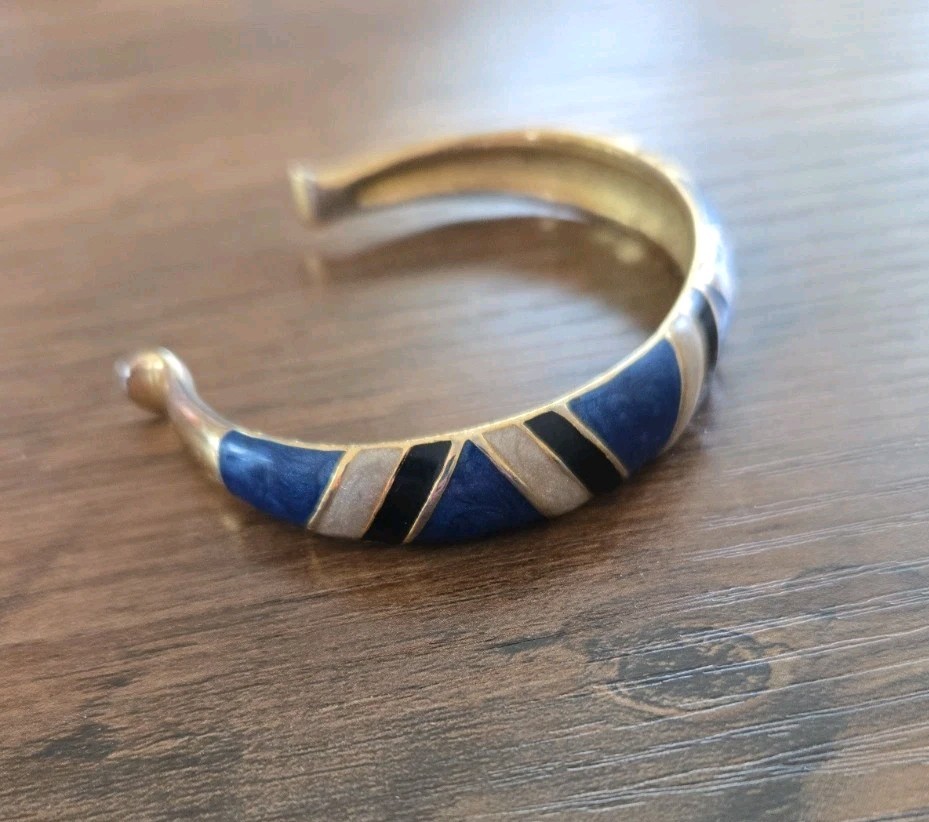 Vintage 1980s Orena Paris Cuff Bracelet Gold Tone W/Blue/Navy/Cream Enamel