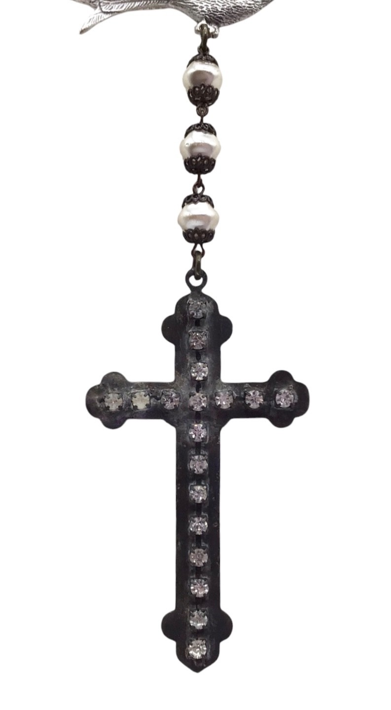 Vintage Faux Pearl Cross Pendant Necklace, Rosary Style, Gothic Victorian