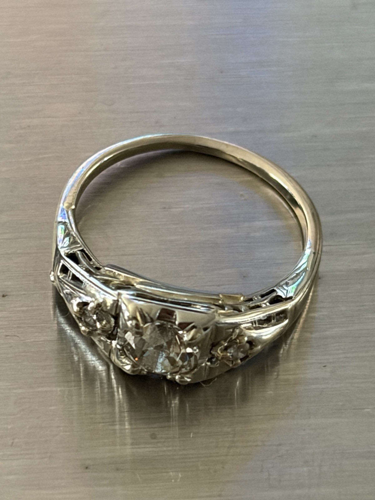 Vintage 10k White Gold OLD EUROPEAN CUT DIAMOND Art Deco Ring Size 4.5