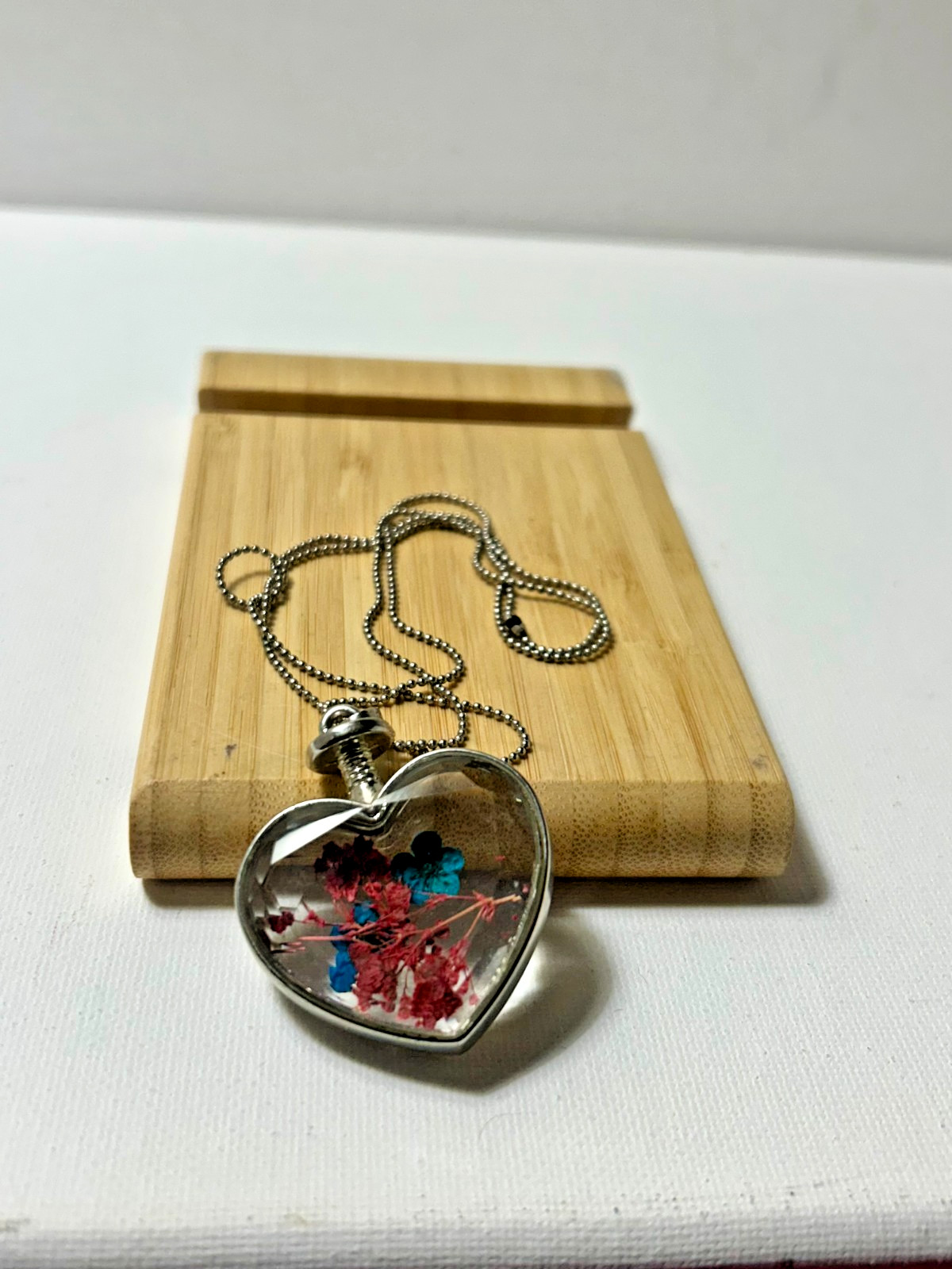Vintage Heart Pendant Necklace Blue and Red Pressed Flowers