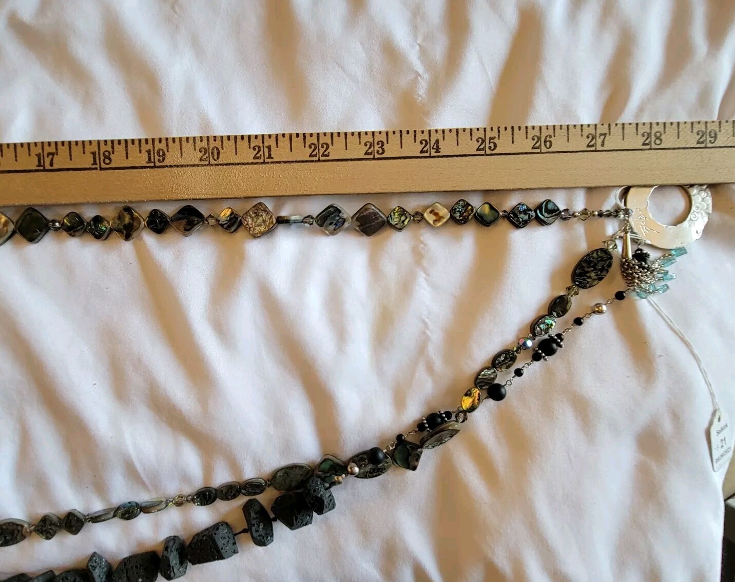 Vtg Lava Rock Mother of Pearl MOP Multi Strand Statement Necklace Signed Bob