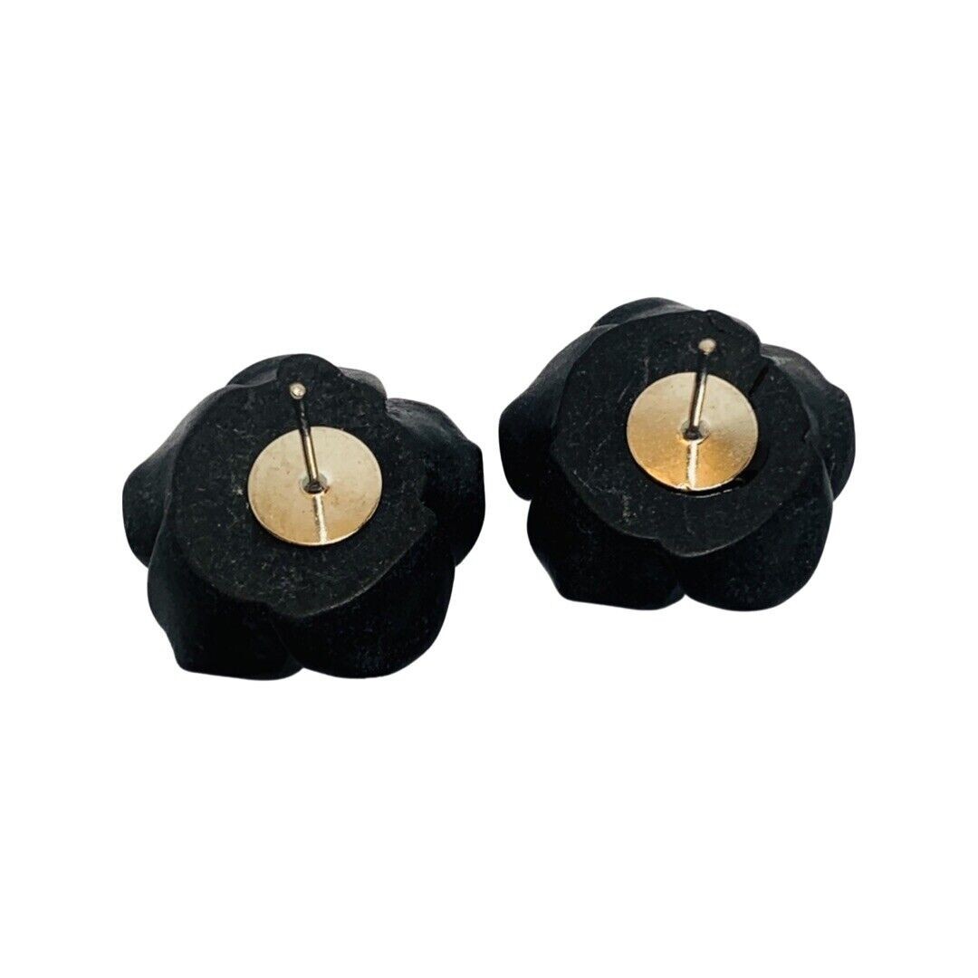 Black Rose Earrings Flower Button Stud 1″ Pierced Lucite Gothic Punk Indie