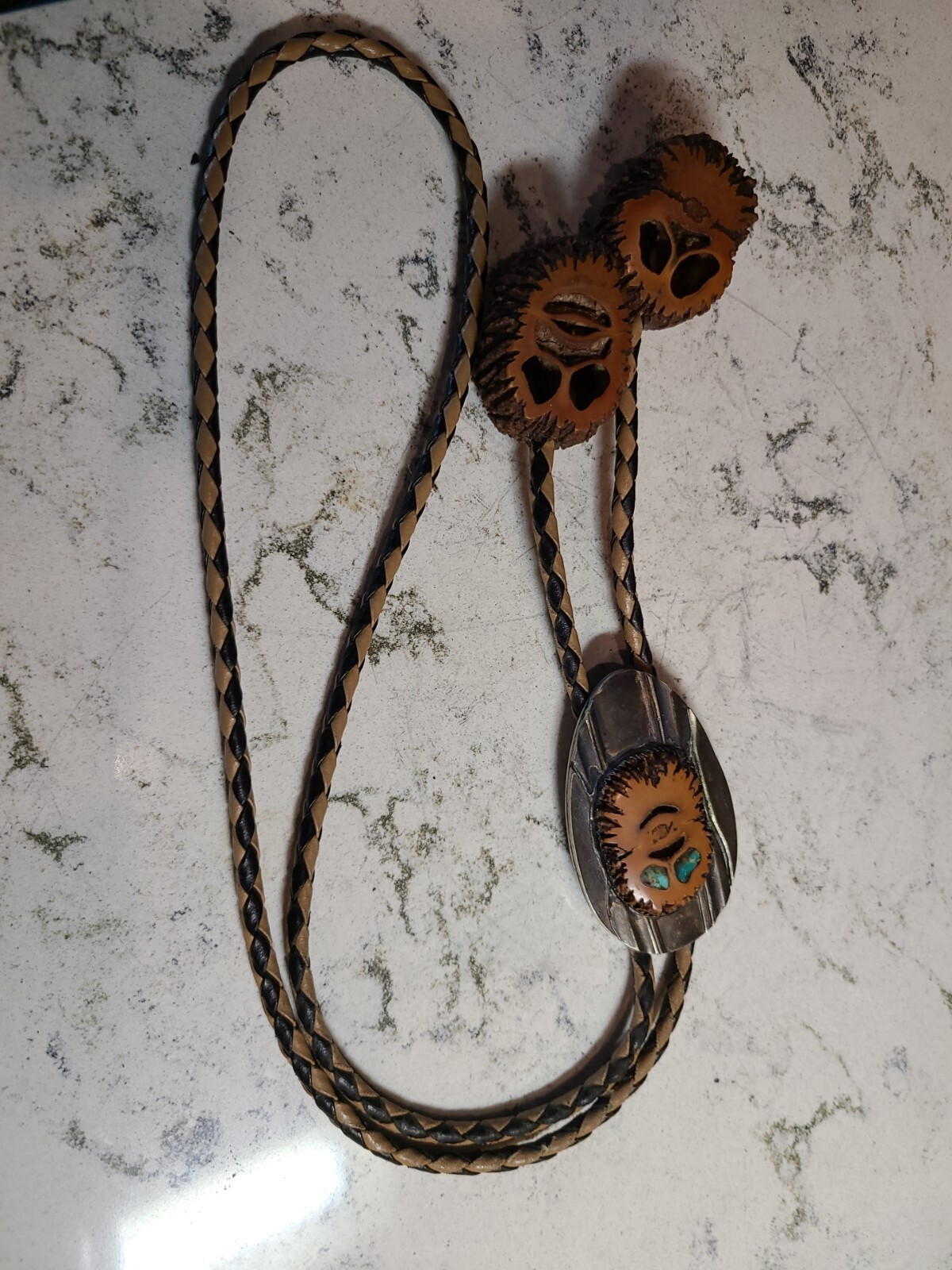 Native American Bolo Tie AMAZING DETAIL Metal and Nut Shell Turquoise Eyes EUC