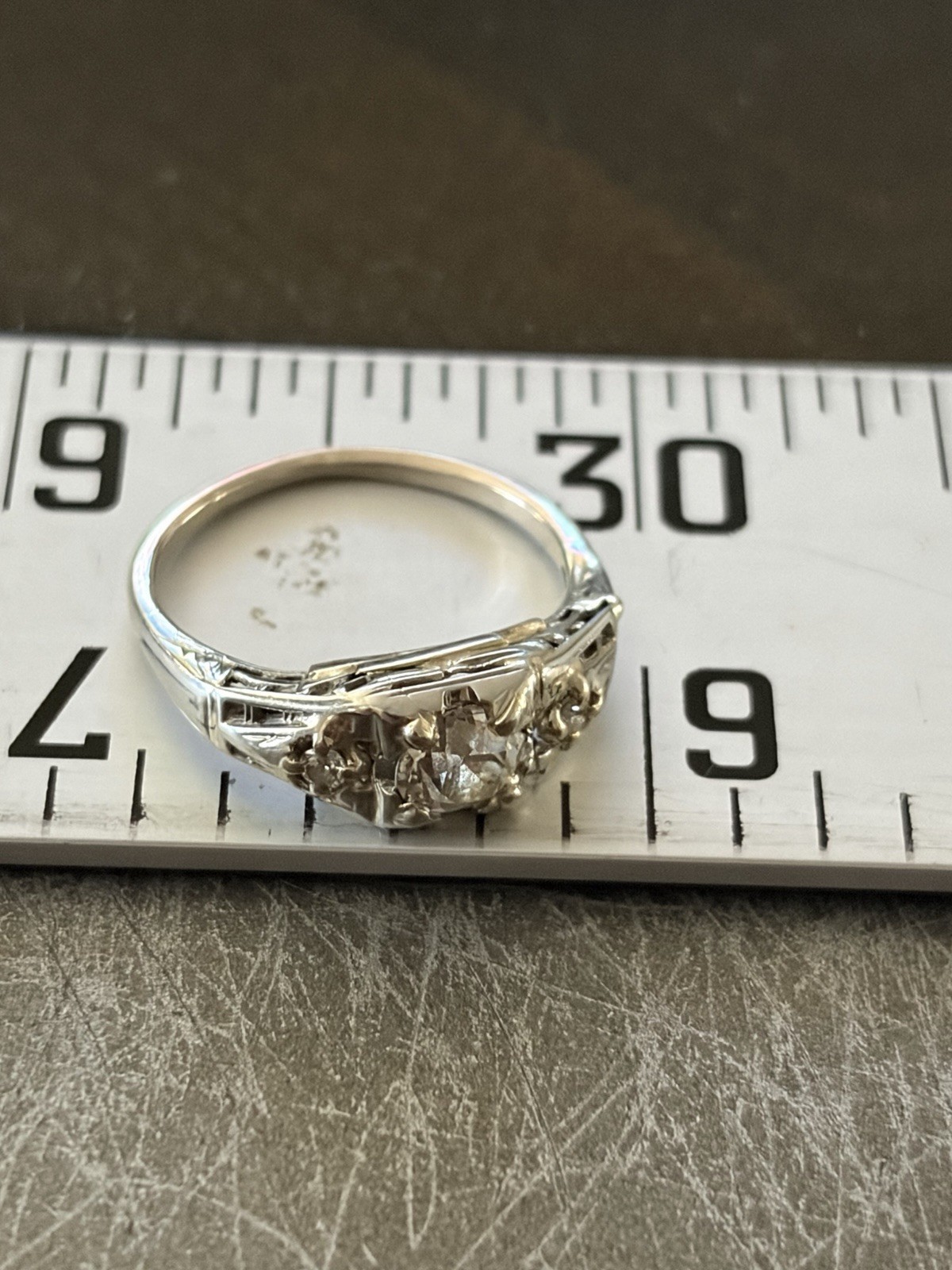 Vintage 10k White Gold OLD EUROPEAN CUT DIAMOND Art Deco Ring Size 4.5