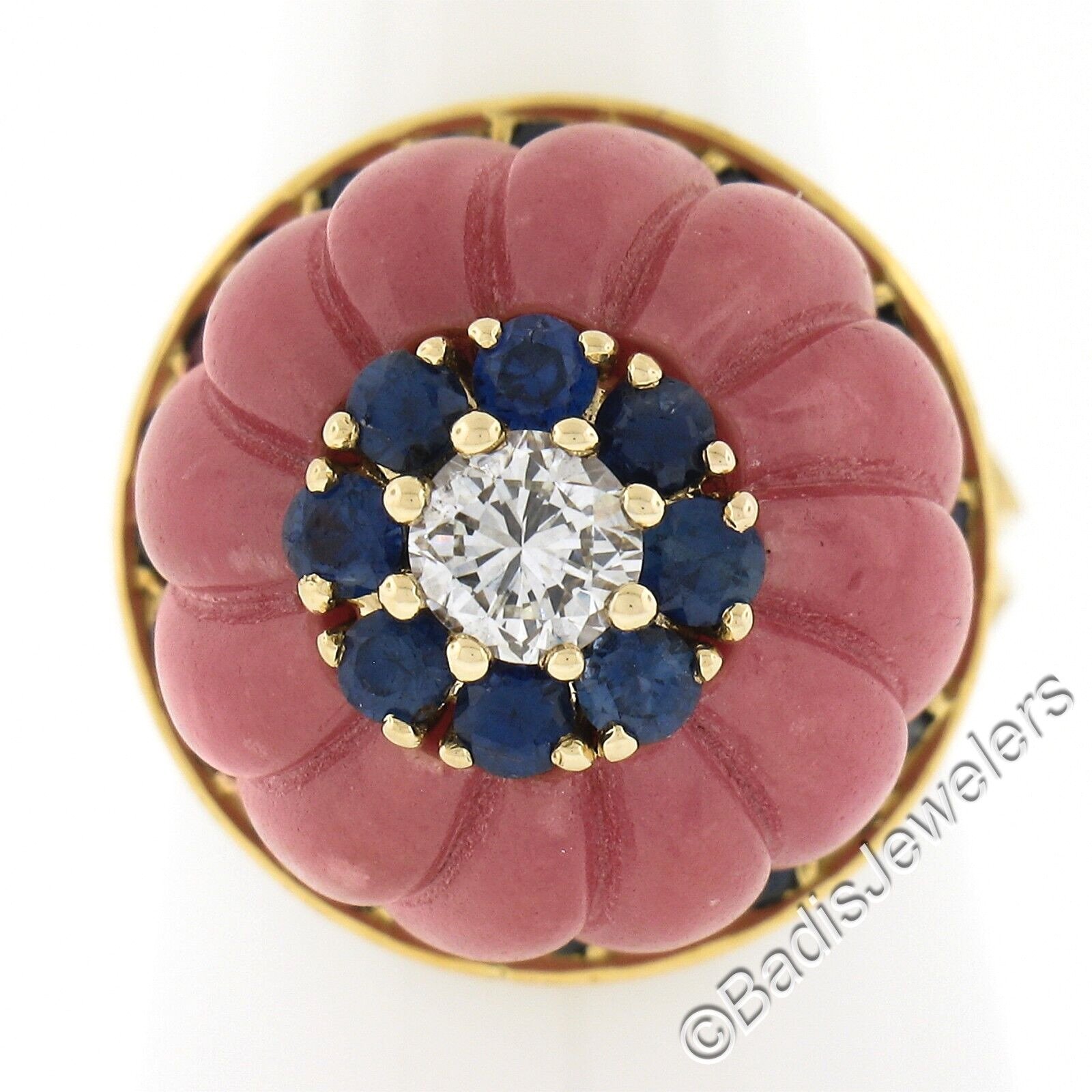 Gold Carved Rose Quartz 1.52ctw Sapphire & Diamond Flower High Profile Ring