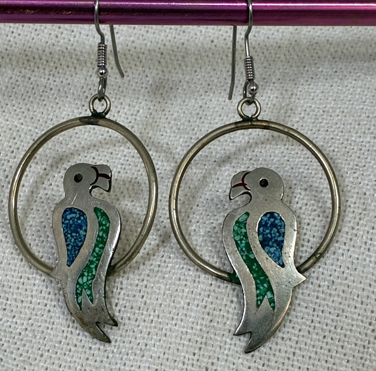 VTG Siver Alpaca Mexico Parrot Hoop Dangle Earrings 2 3/8Inches.