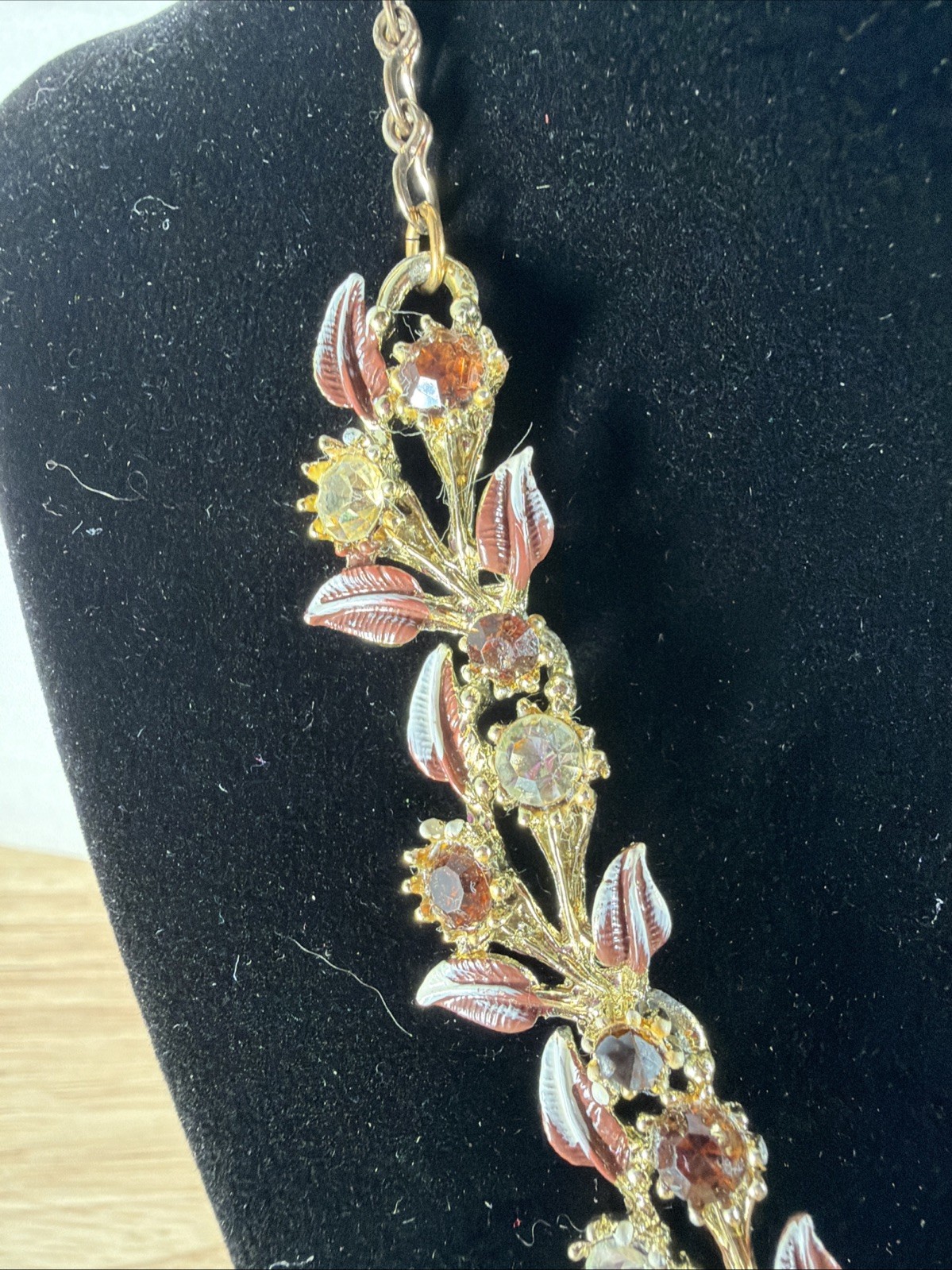 Vintage Brown Rhinestone Flower Necklace Gold Tone With Matching Clip Earrings