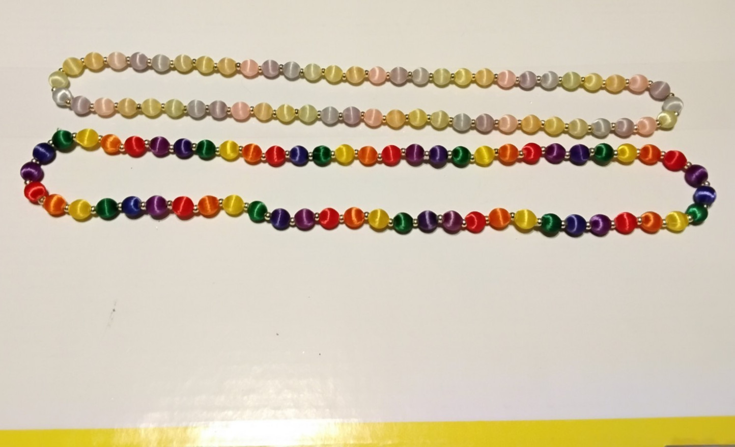 Vtg LOT of 2 Pastel Multi Color & Rainbow Satin Silk Thread Beaded Necklaces