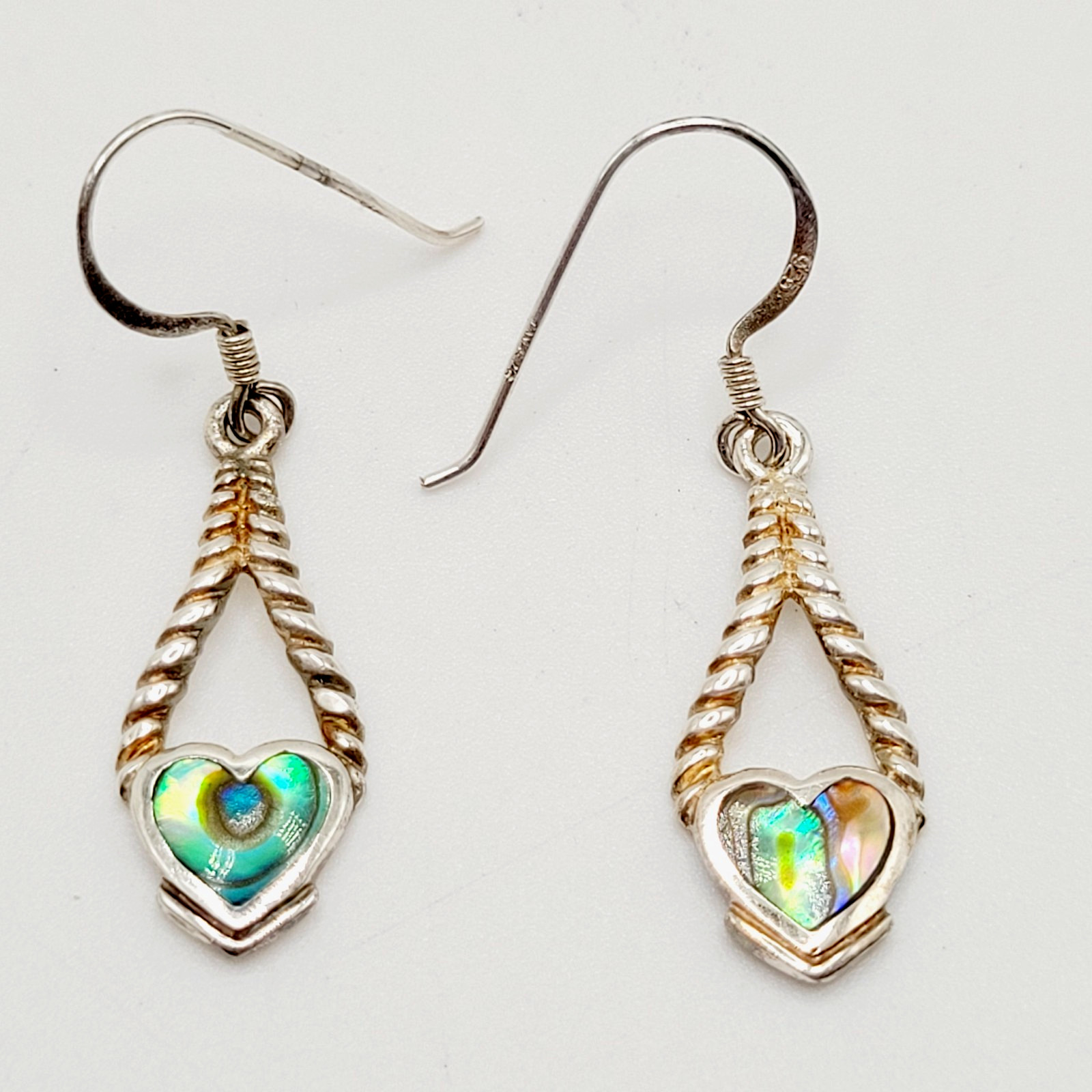 Heart Twisted Open Metal Paua Shell Inlay Sterling 925 MC Hook Pierced Earrings