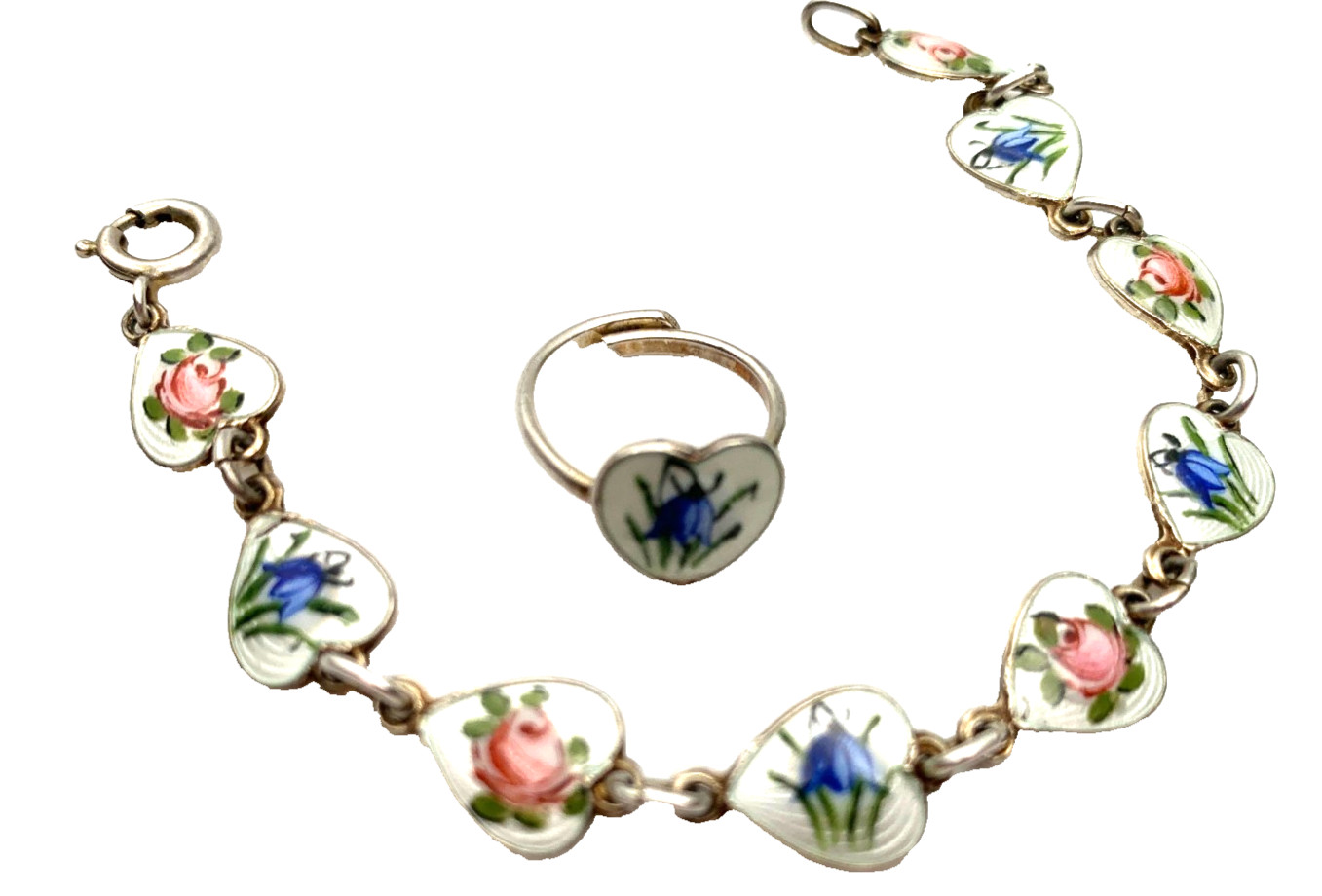 Vtg Finn Jensen Guilloche Enamel Hearts Roses and Bell Flowers Bracelet & Ring