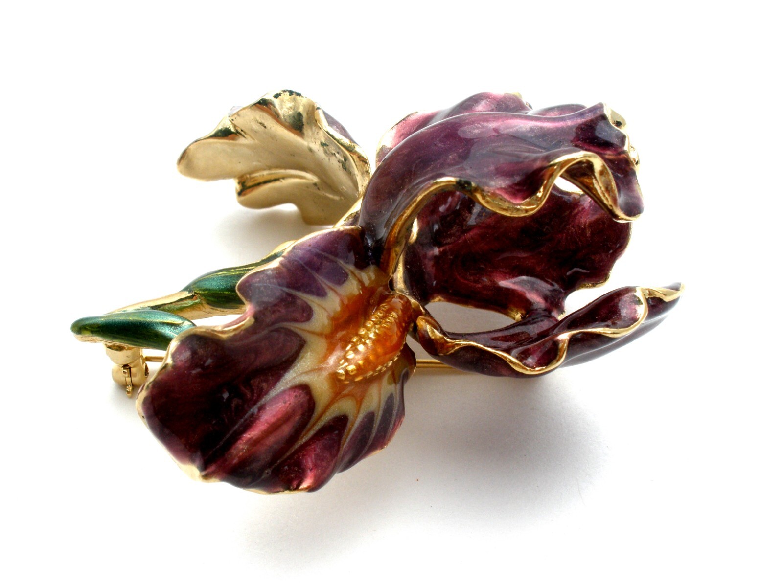Kirks Folly Signed Brooch Purple Iris Enamel Orchid Pin With Golden Fairy