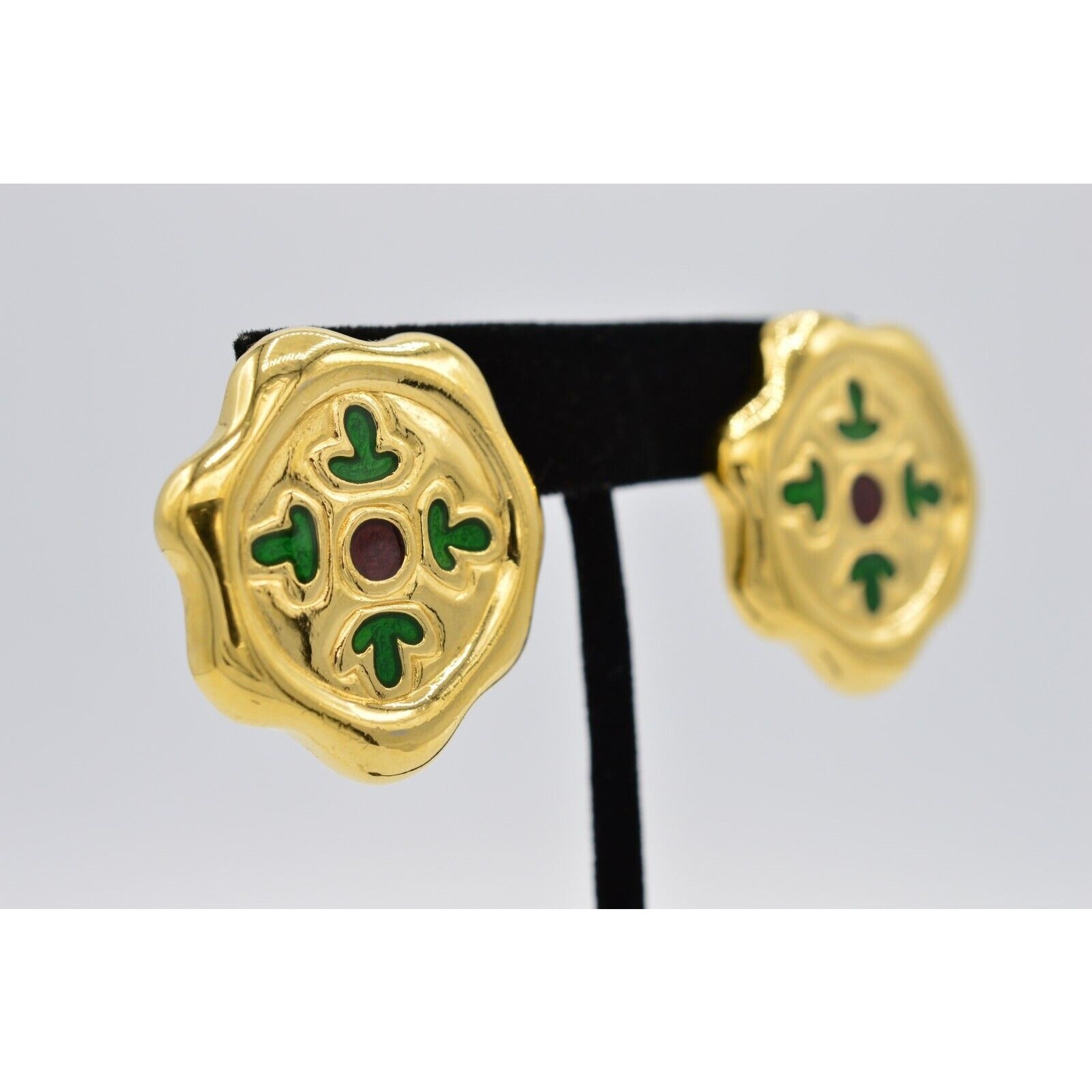 Givenchy Vintage Clip On Earrings Chunky Gold Green Red Enamel Signed 1980s BinX