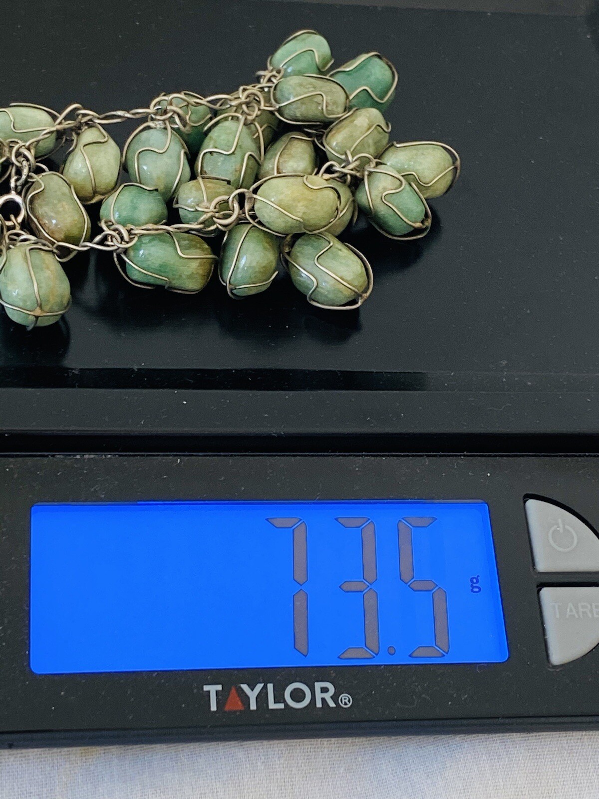 Vintage Sterling Silver Green Jade Tumbled Stone Wire Wrap Link Bracelet 7”