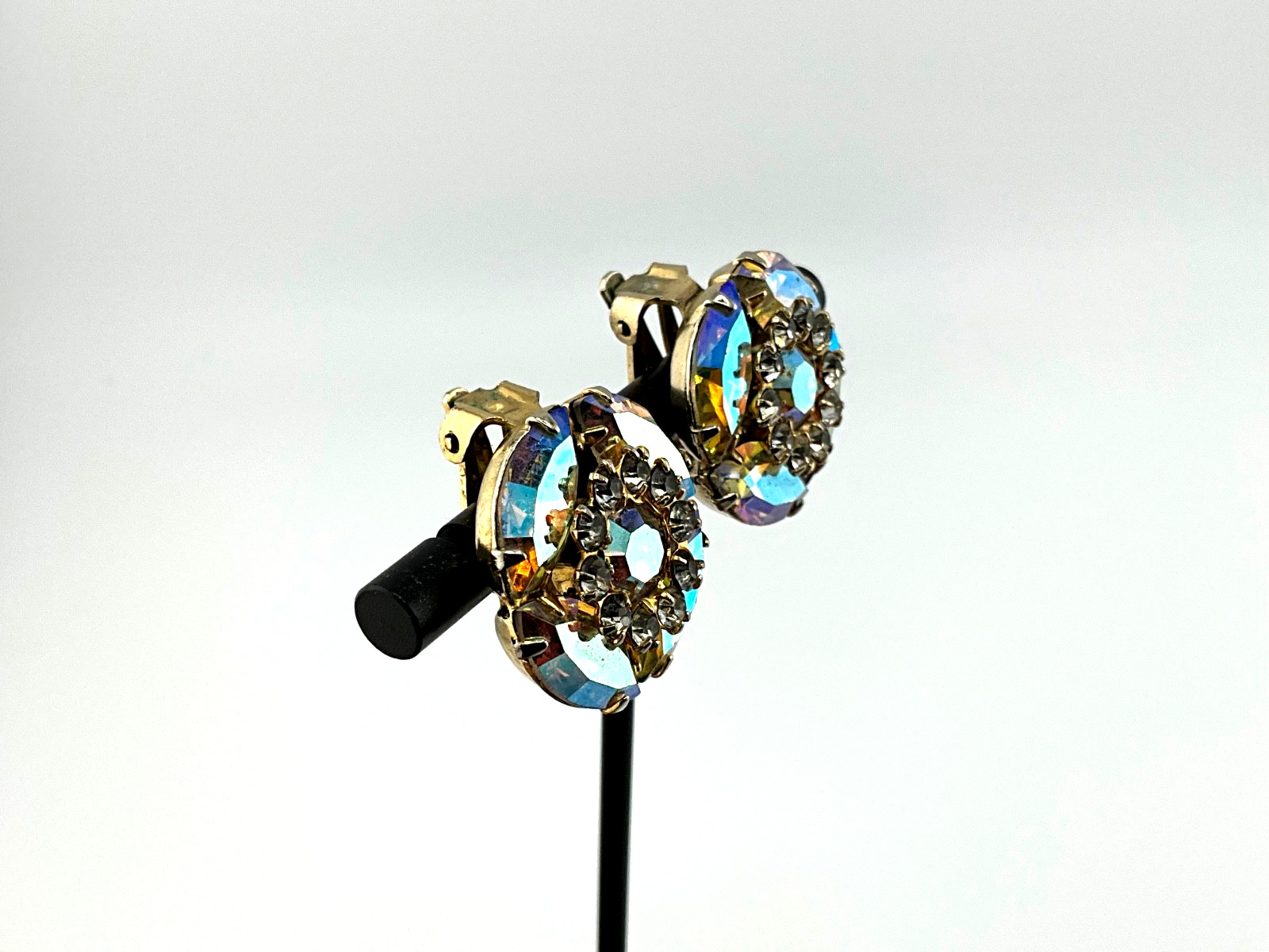 Vintage Aurora Borealis Crystal Earrings Mid Century Hollywood Regency Glam