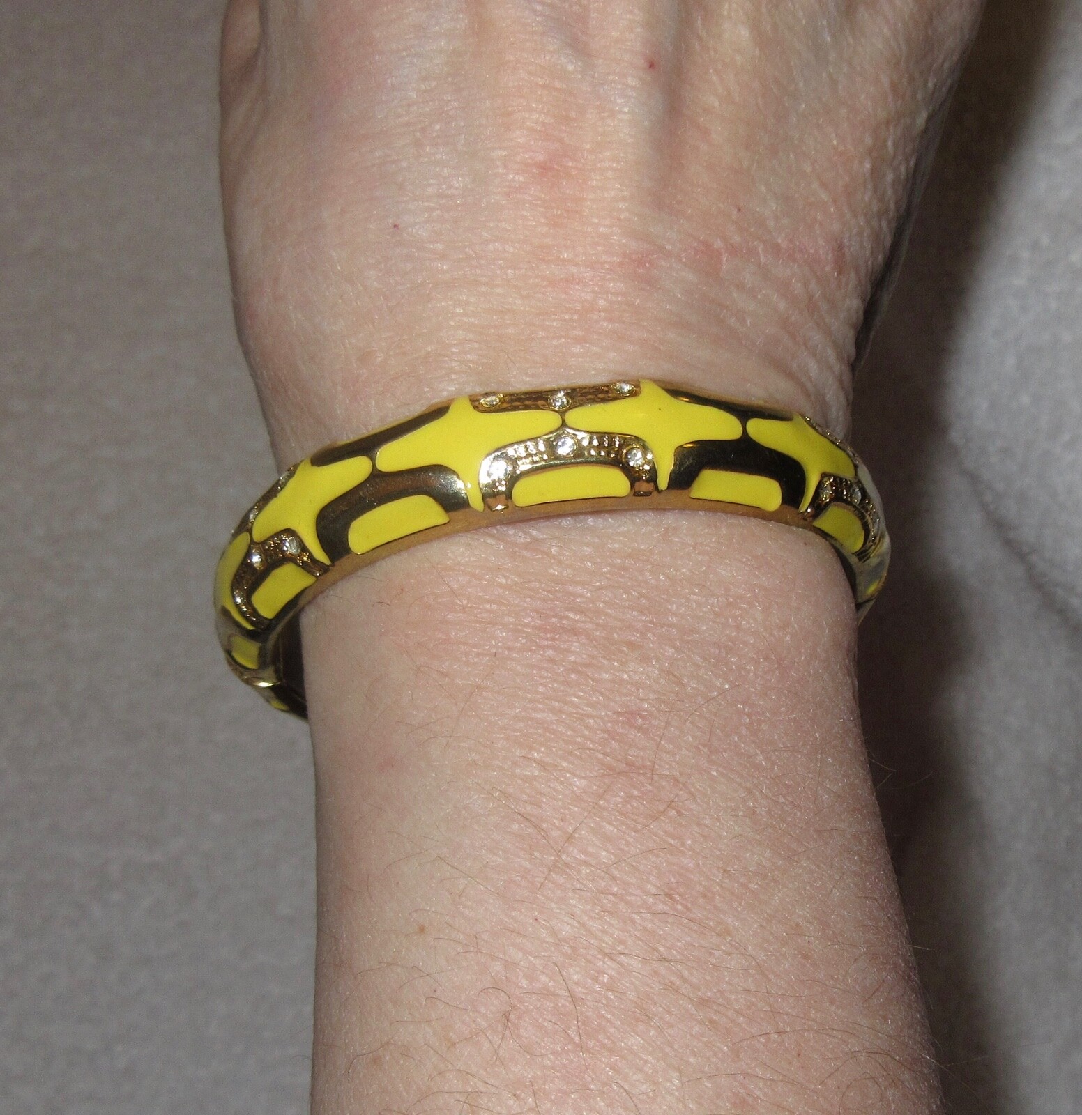Yellow Enamel Crystal Accent Geo Bangle Bracelet Gold Tone or Plated –Superb!