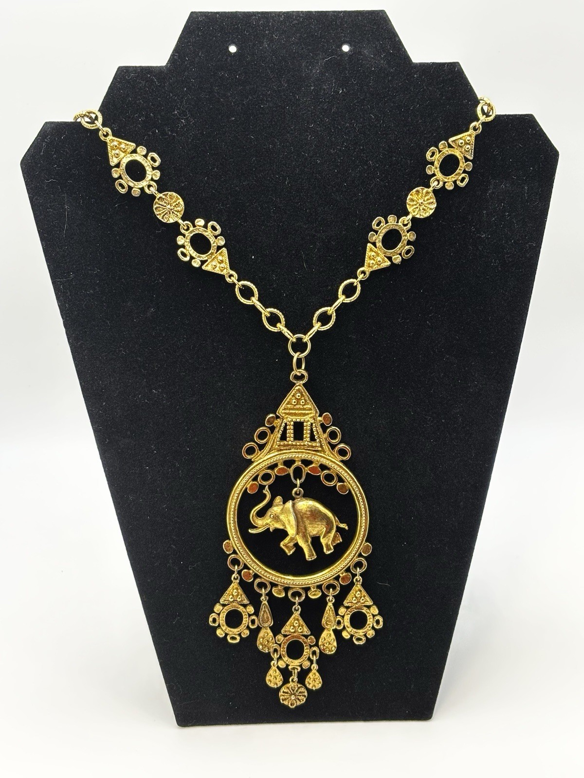 Vintage Statement Gold Tone Textured Fringe ART Exotic Pagoda Necklace Pendant
