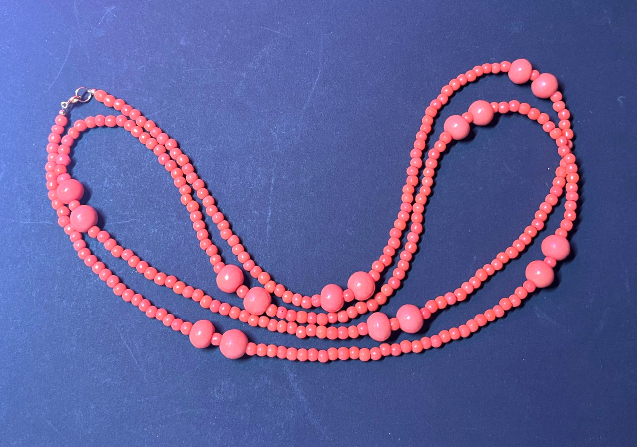 Long Faux Salmon Colored Coral Bead Neclace 48″