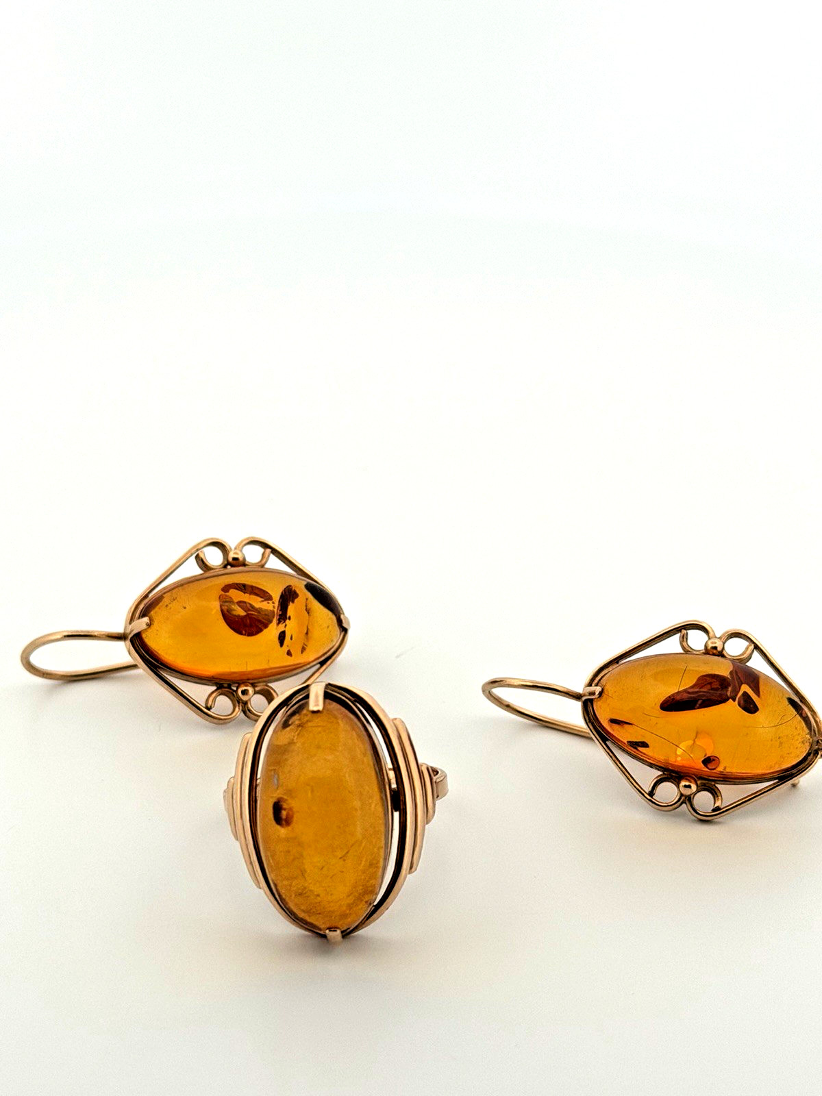 Vintage Russia 14K 585 Rose Pink Gold Honey Amber Earrings And Ring Set