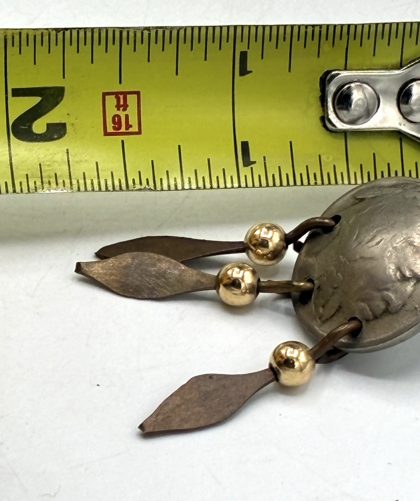 Vintage Buffalo Nickel Coin Earrings Post Dangle Feather Gold Tone Bead Handmade