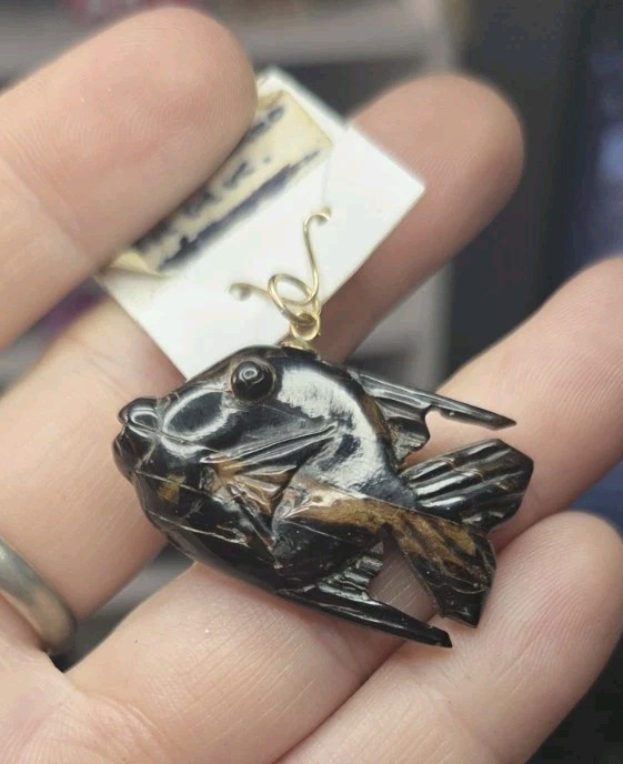 Rare Vintage Black Coral Carved And Polished Fish With 14K Bail Pendant