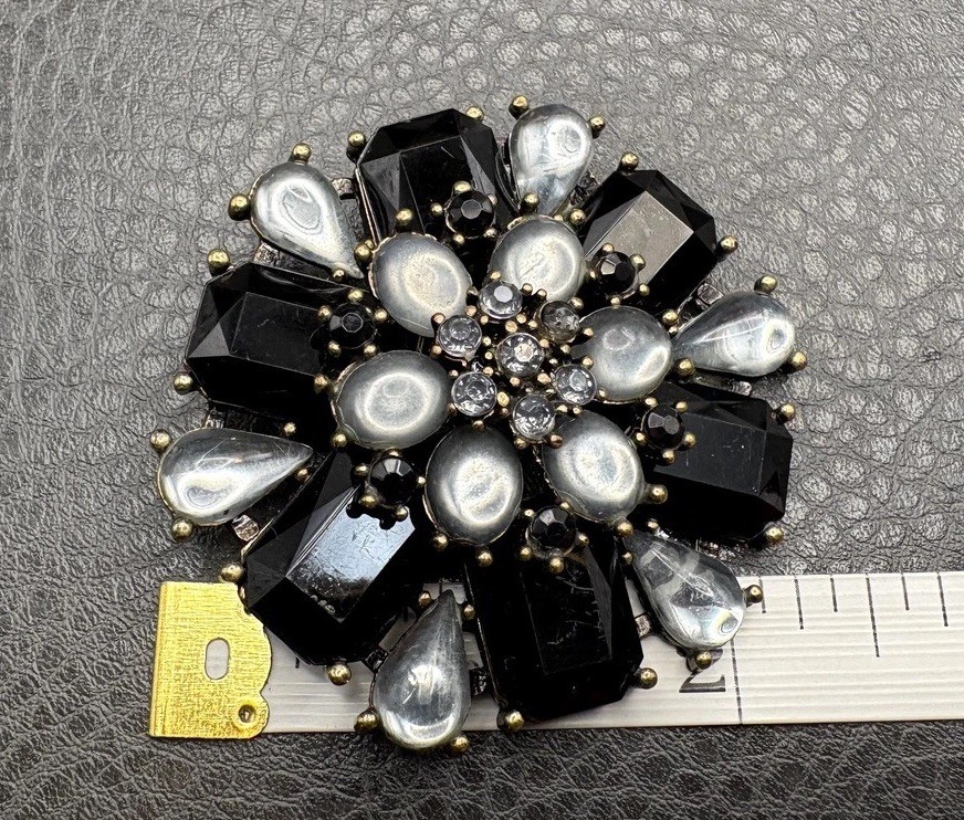 Vintage Black Rhinestone Gray Faux Moonstone Starburst Flower Brooch Pin