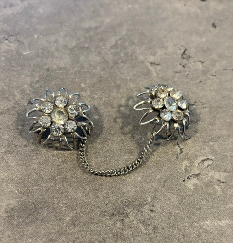 Vintage Silver Tone Flower Double Brooch On Chain with Rhinestones