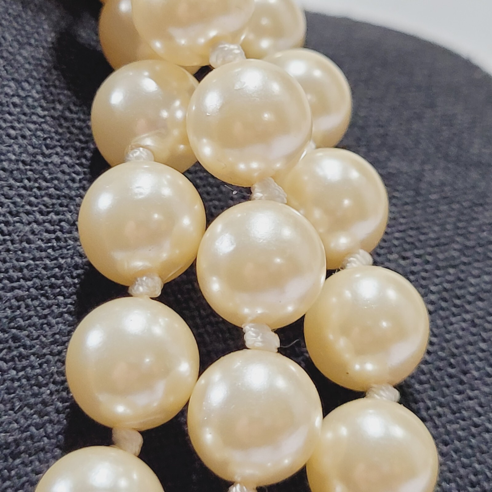 Triple Strand Off White Faux Pearl Knotted Necklace with Gold Tone Clasp 15 Inch
