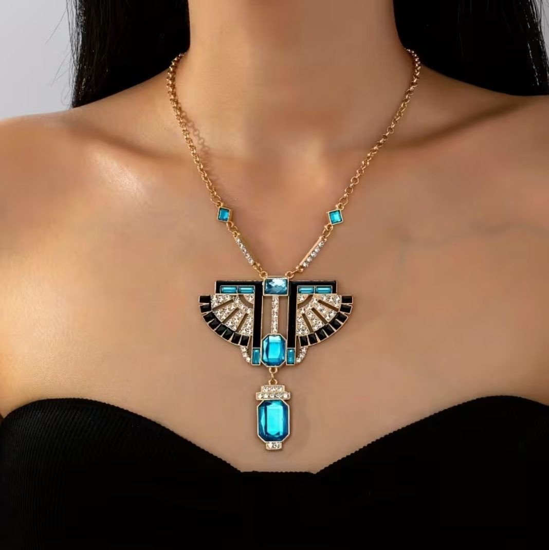 Art Deco Style Blue Glass & Crystal Pendant Necklace Gold Tone Egyptian Revival