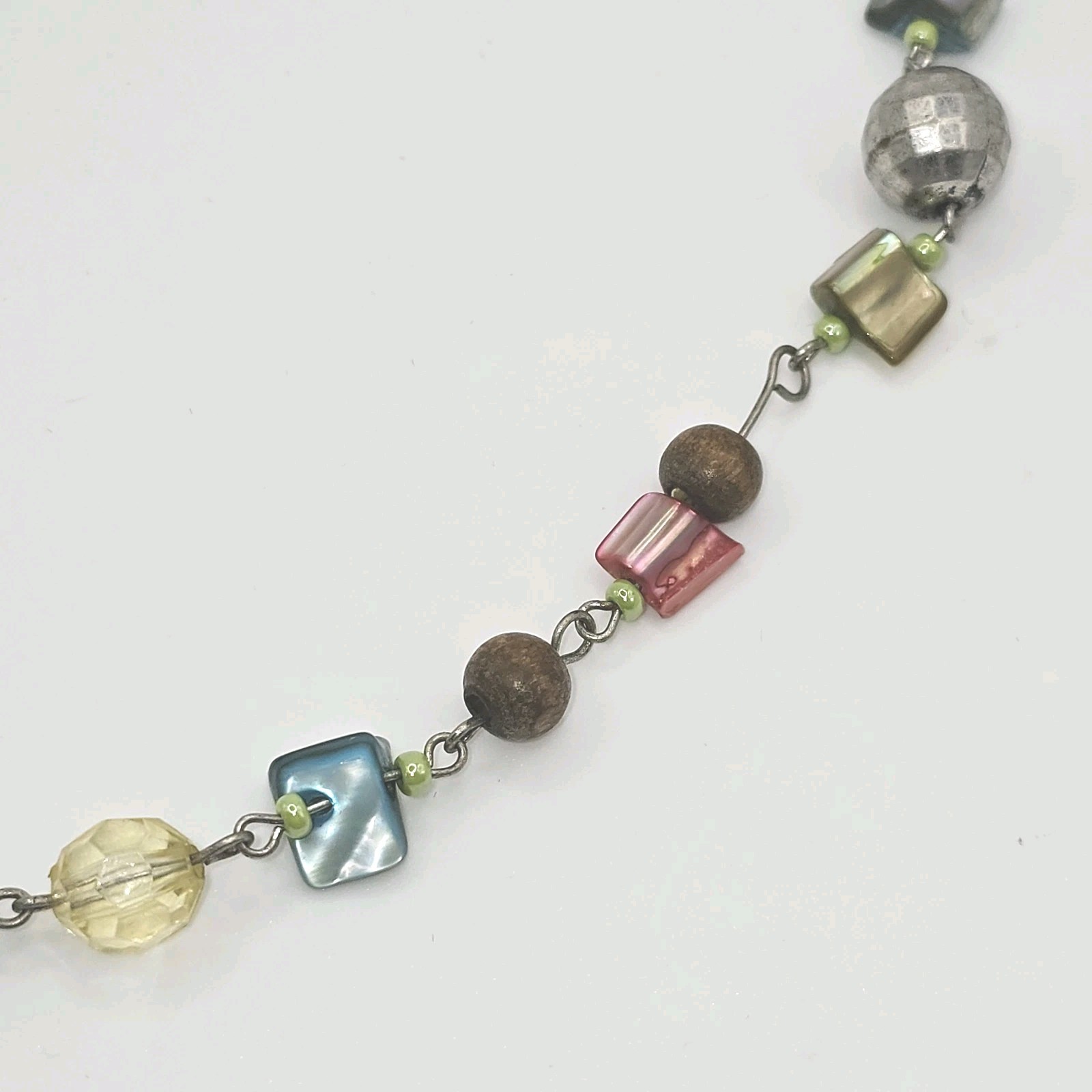Vintage Multicolor Dyed Shell And Silver Tone Beaded Necklace 25″
