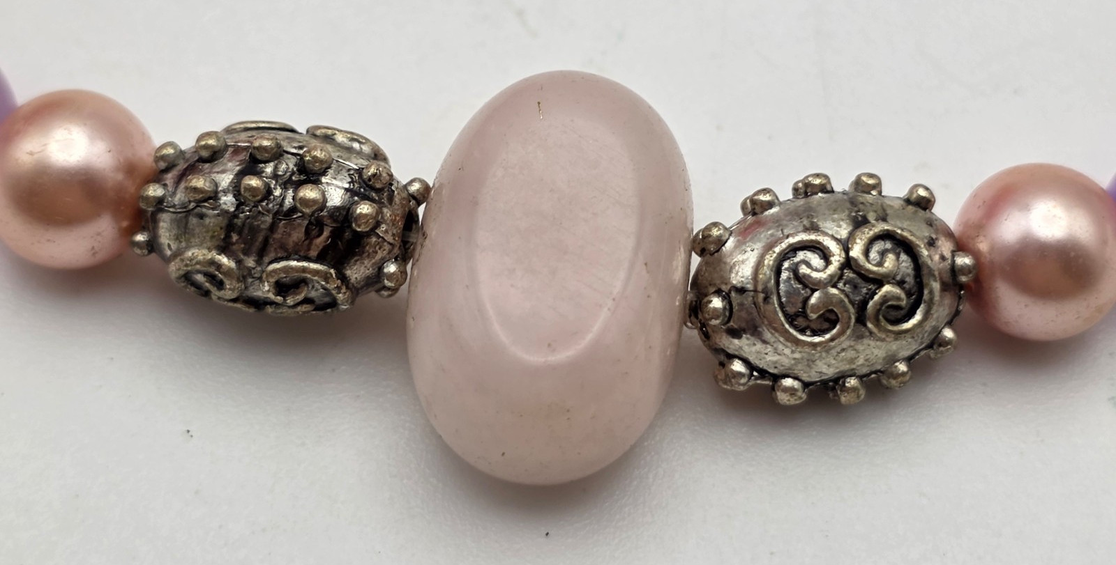 Vintage George Pink Lavender Lucite Faux Pearl Beaded Necklace 18 In Silver Tone