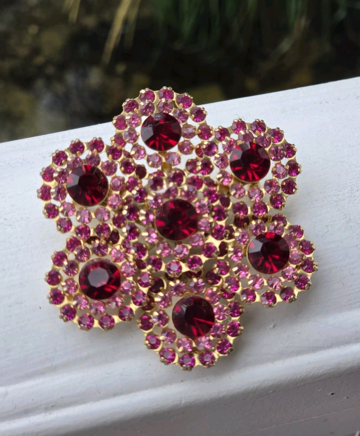 Vintage Mid Century Fuchsia Ruby Red Rhinestone Cluster Flower Brooch Floral