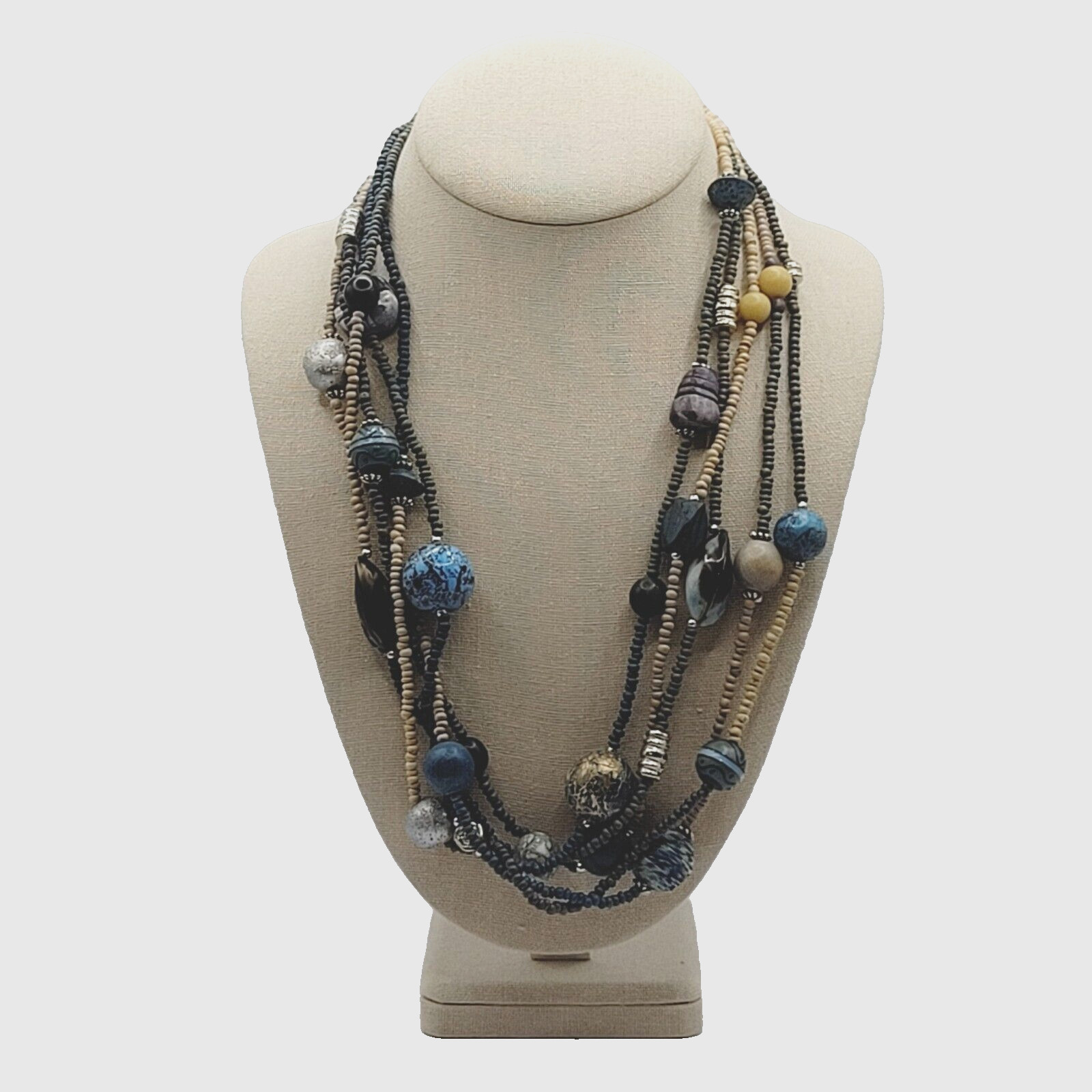 Peacock Blues Silver Tone Multi Strand Unique Bead Styles Vintage Necklace 24 In