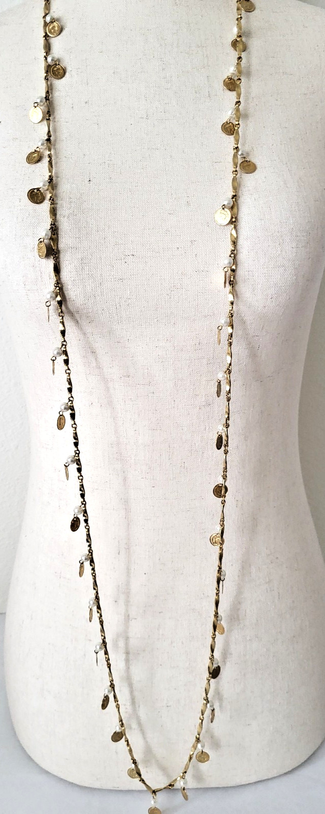 Vintage Dangle Coins & Faux Pearl Necklace Gold Tone Twist Bar Link Chain 54″