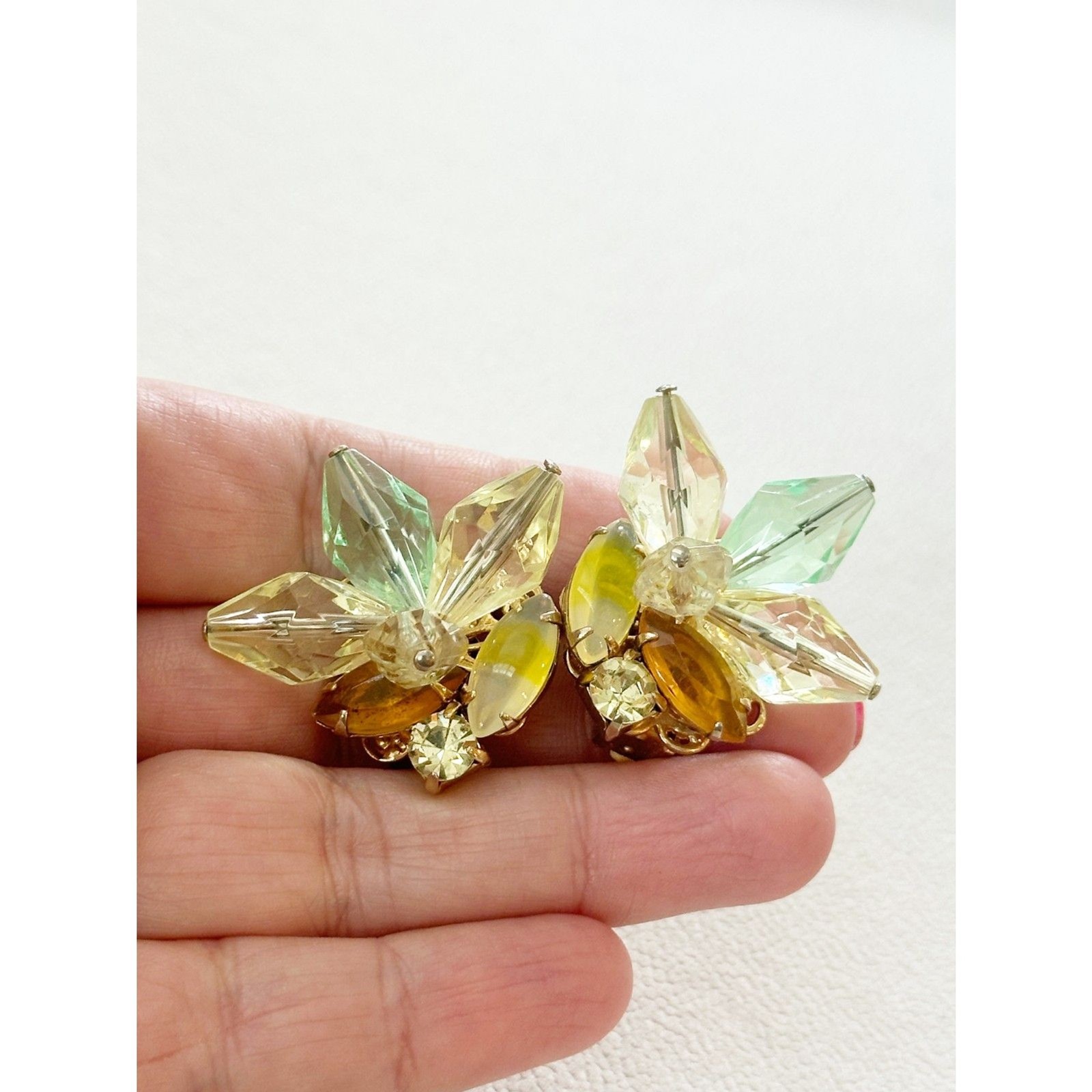 Juliana style givre rhinestone floral earrings yellow green Pastel Garden Party