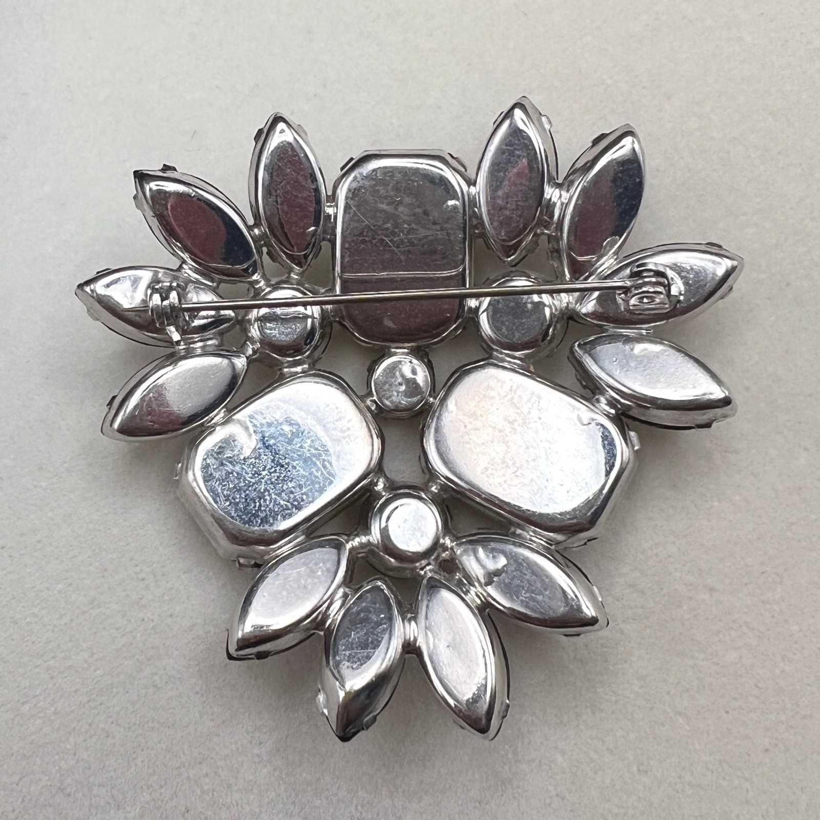 Vintage Black Rhinestone Cluster Brooch Marquise Emerald Cut Domed Prong Set