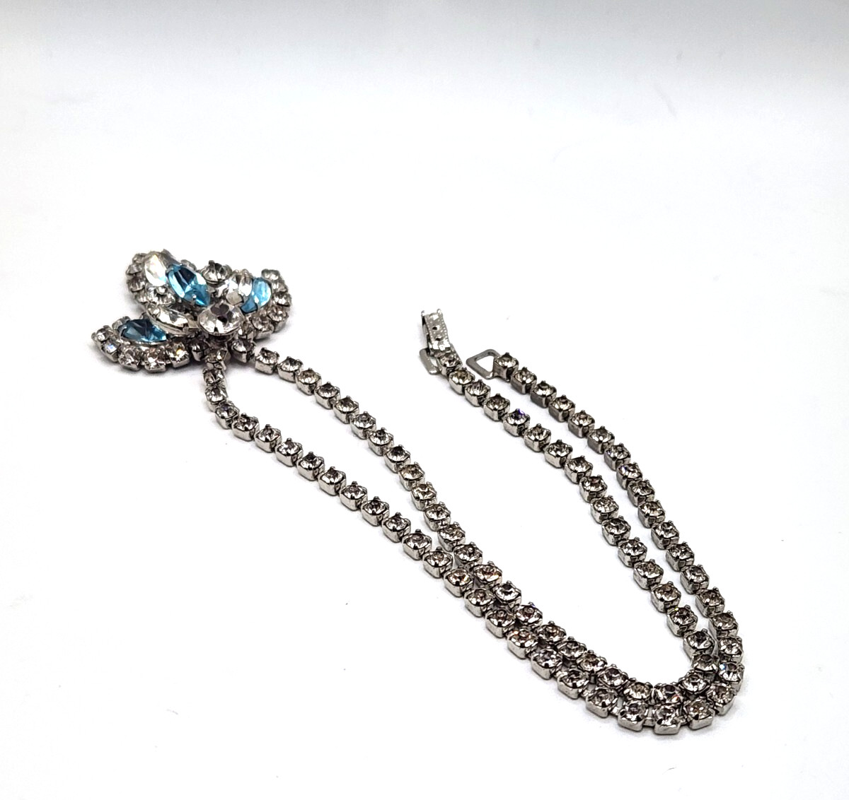 Blue White Silver Tennis Necklace 17 Inches Long Designer Rhinestone Vintage