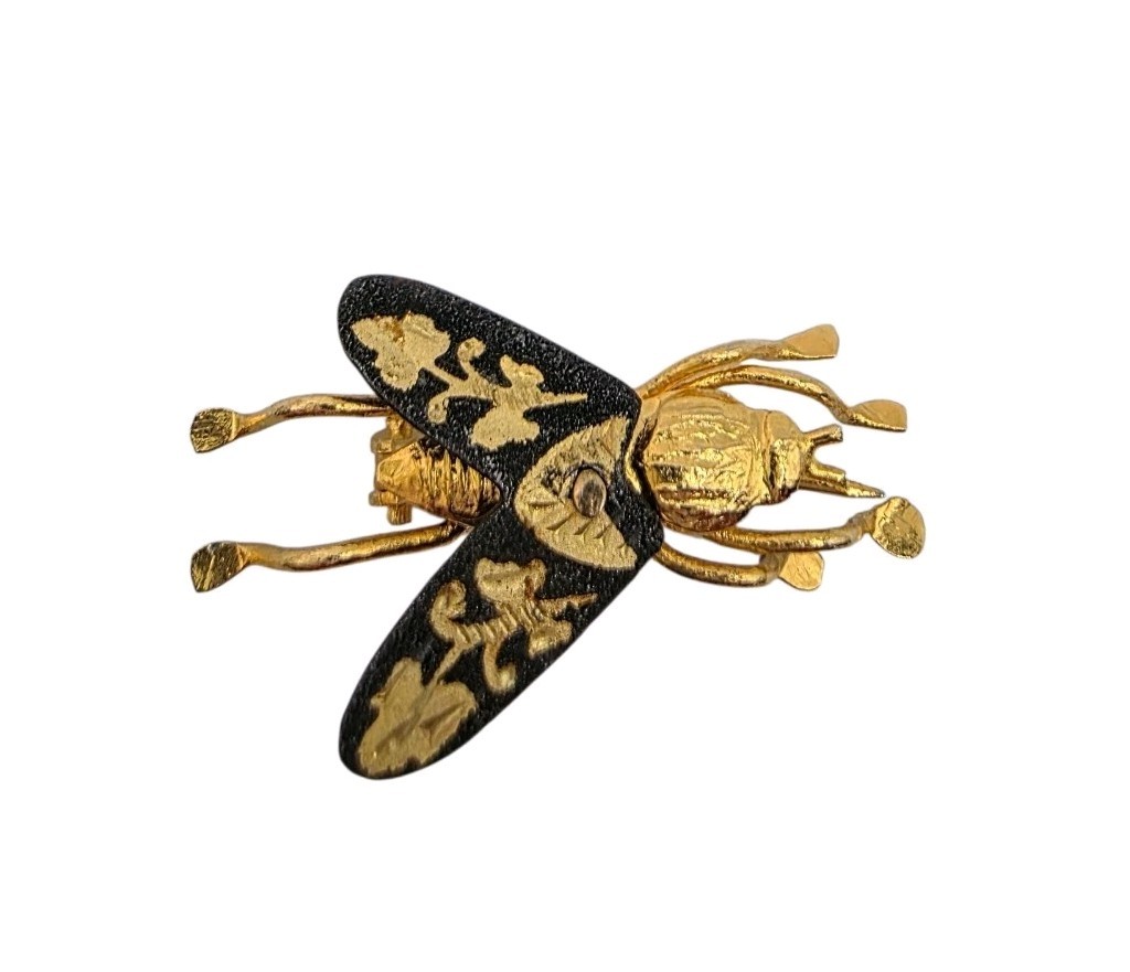 Vintage Spanish Damascene Fly Insect Bug Brooch Pin Jewelry Black Gold Engraved