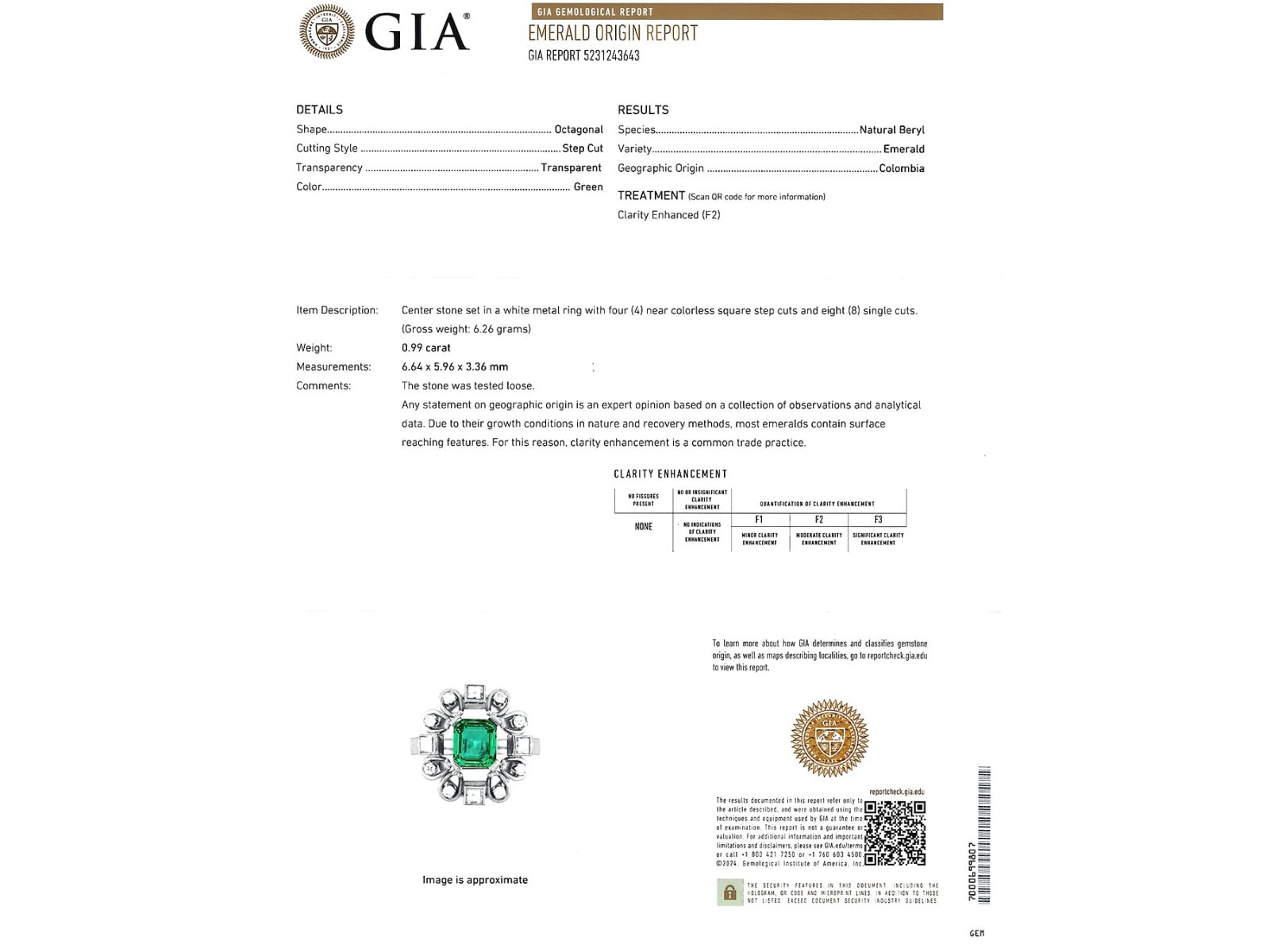 0.99Ct Colombian Emerald and 0.35Ct Diamond, 18k White Gold Ring Circa 1925
