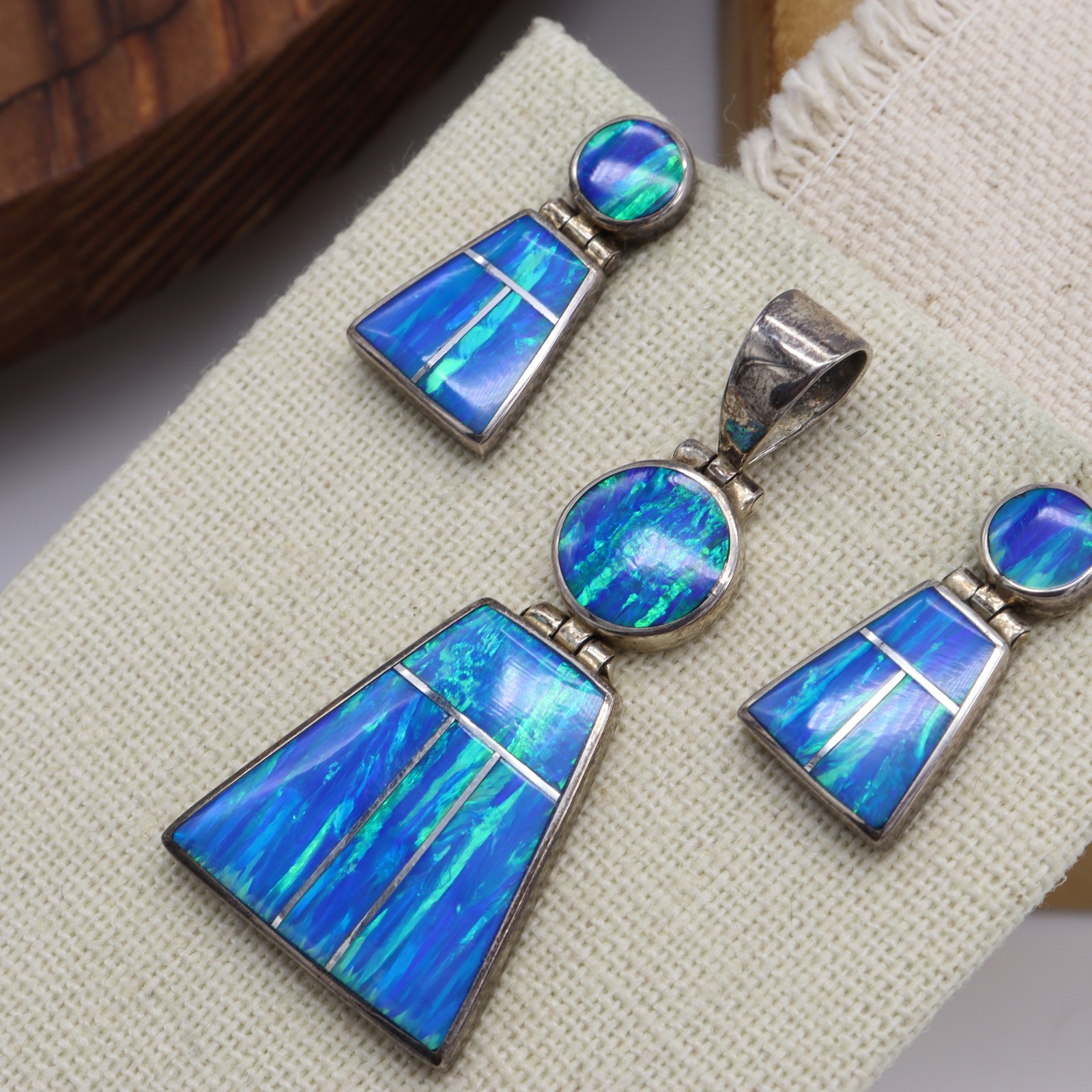 Vtg Sterling Silver 950 Mexico Blue Green Fire Opal Pendant Earrings Set Inlay