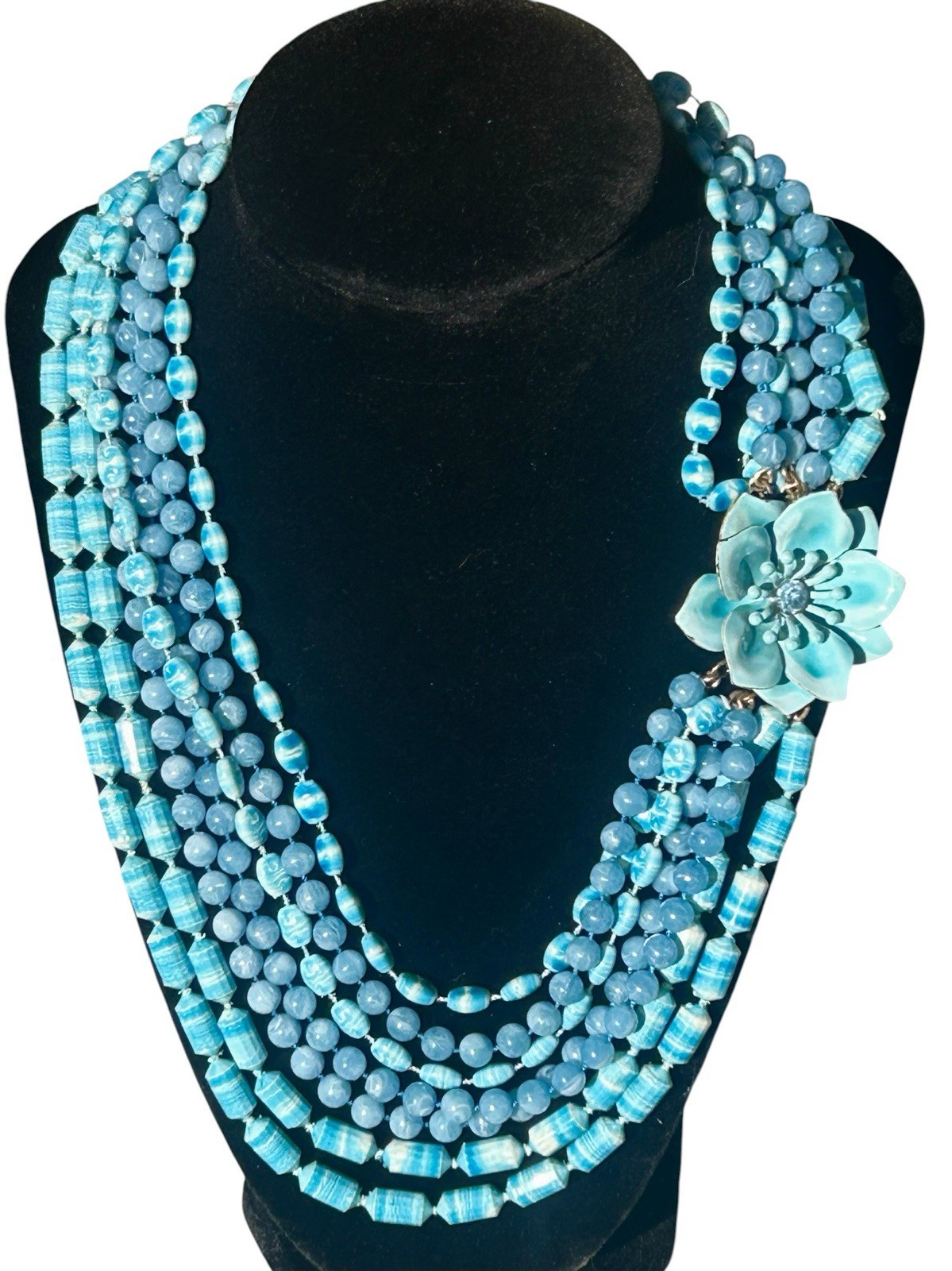 Vintage MCM 7 Strand Beaded Necklace w/ Enamel Floral Clasp & Clip On Earrings