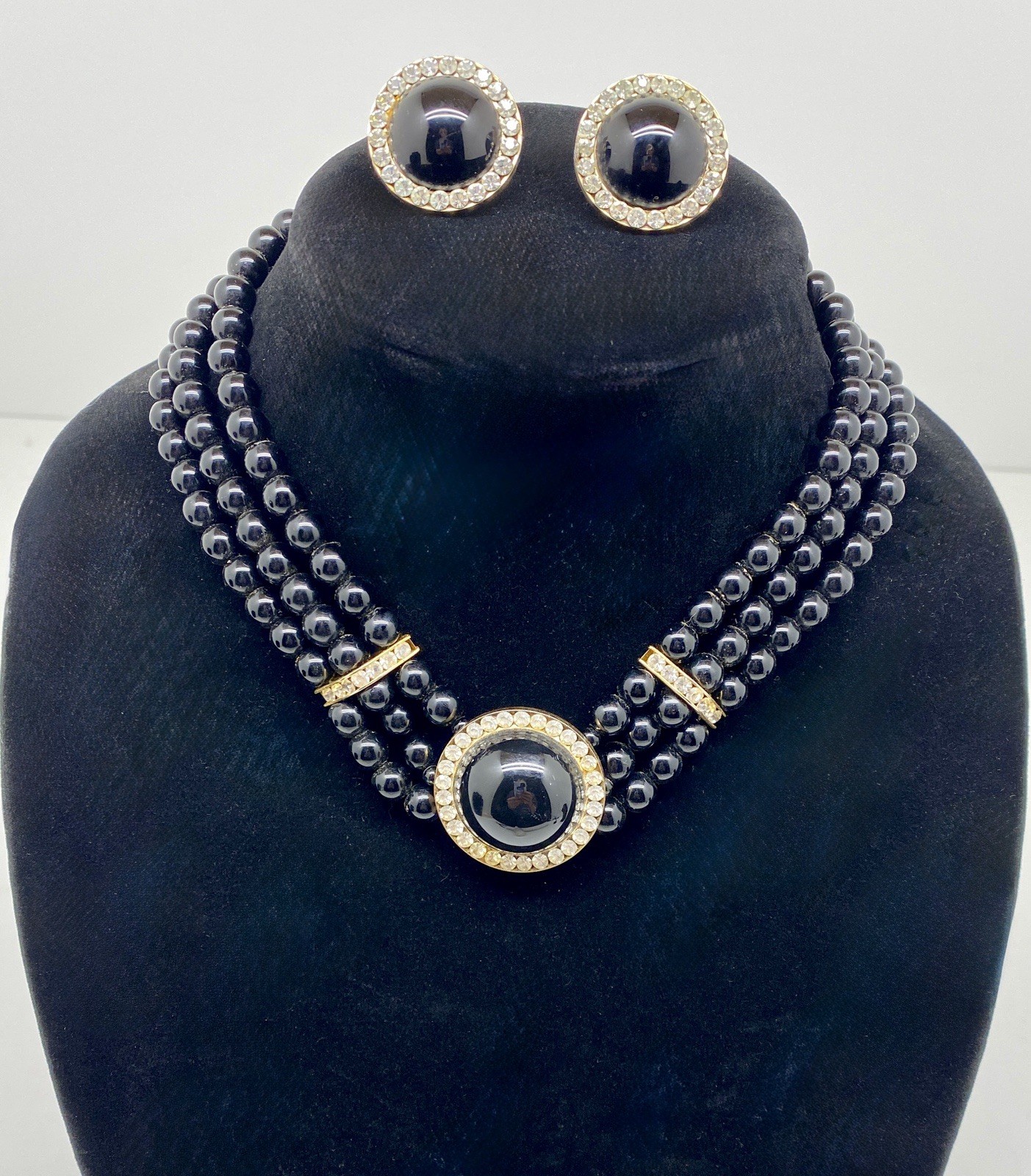 Vintage Lot of 2, Black, White Multi Strand Faux Pear Necklaces & Earrings Sets