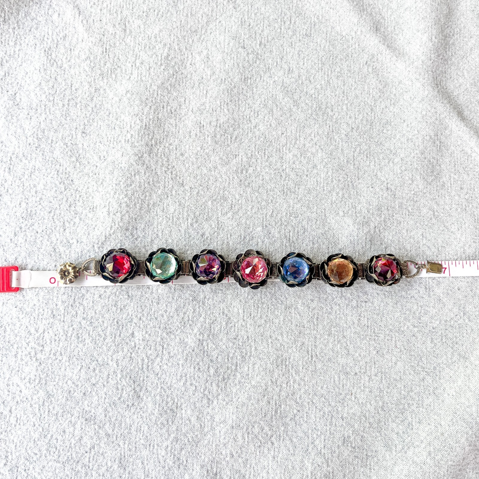 Vintage Art Glass Rainbow Bracelet Faceted Crystal Floral Brass Tone Czech Style