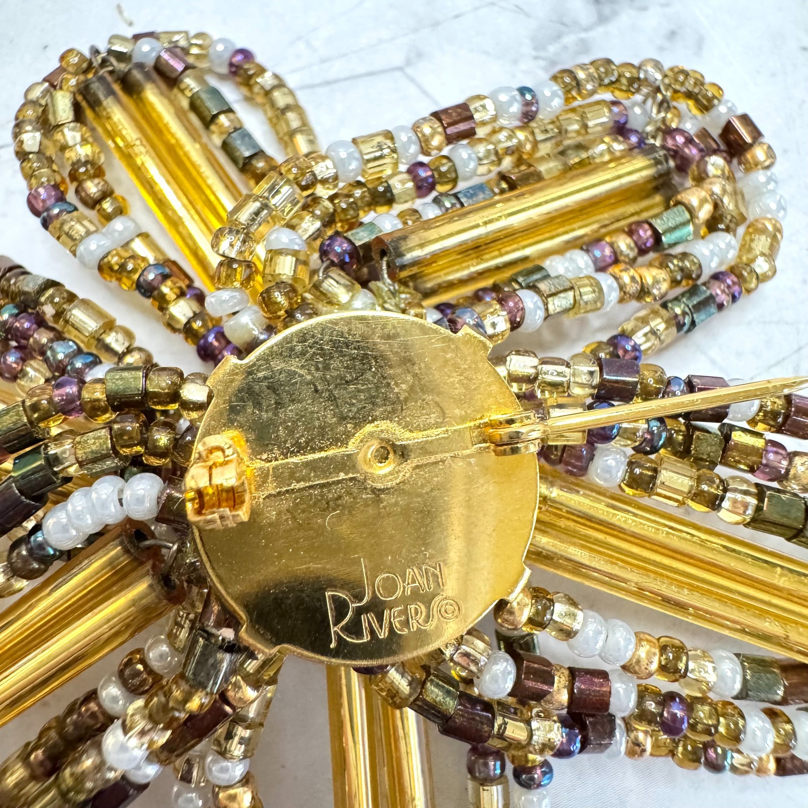 Vintage Joan Rivers Flower Brooch Pin Gold Tone Glass Beaded Signed 3″ Retro EUC