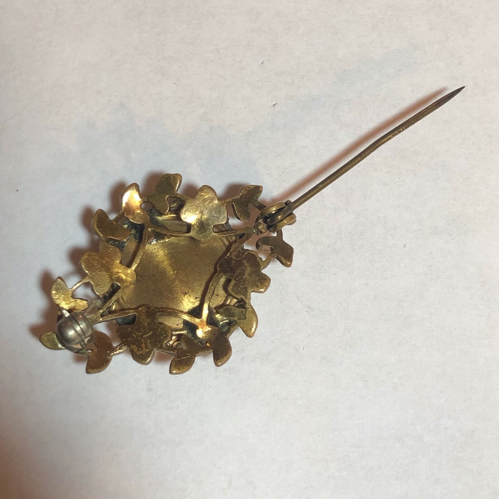 Vintage Gold Metal Jade, Agate, or Soapstone Pin or Brooch