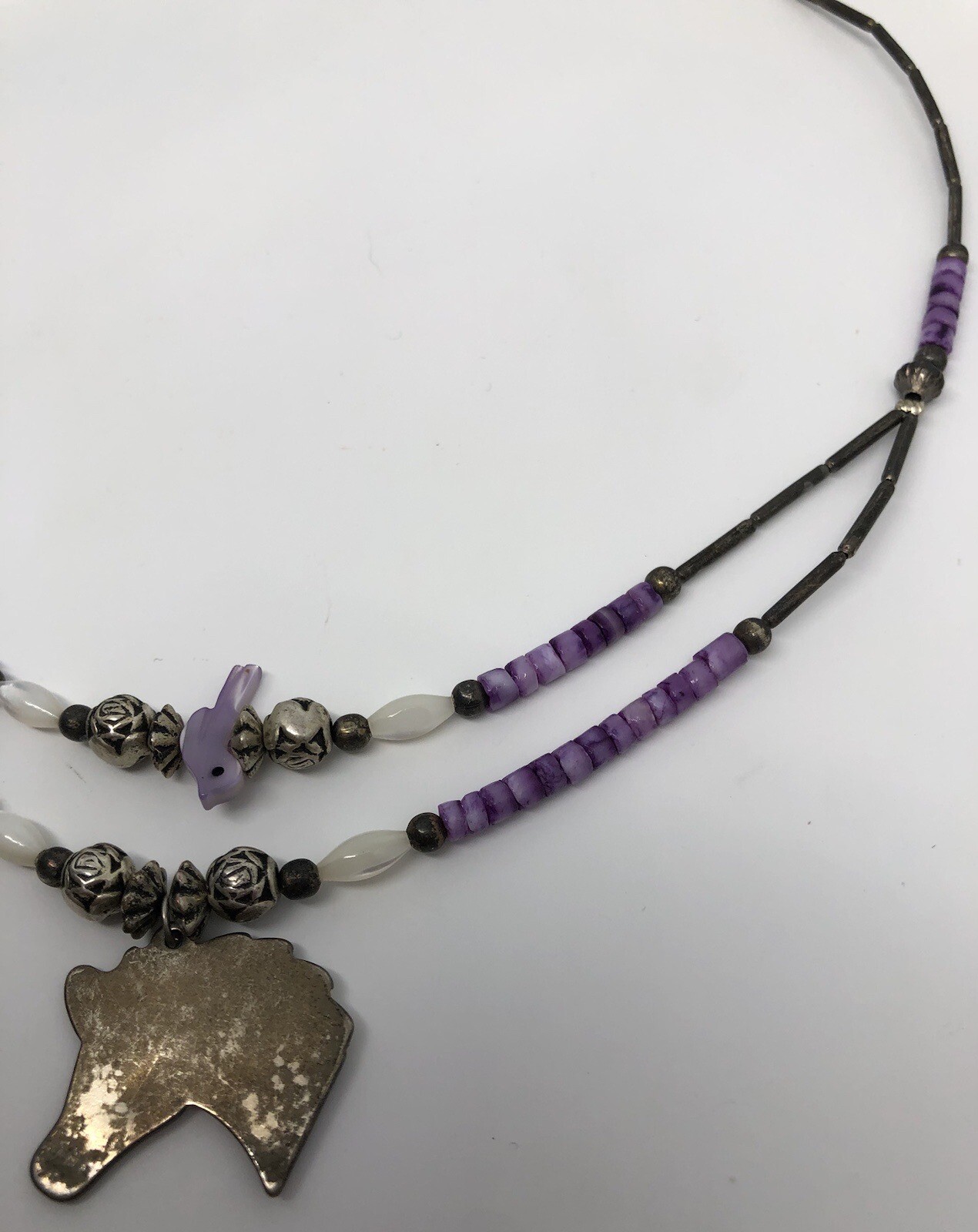 Equestrian Horse Necklace Purple Pony Pendant Silver Roses Beaded Bird 16”