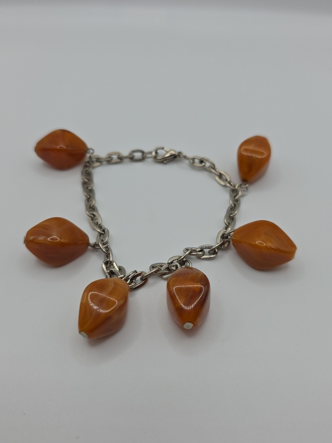 Vintage Marbled Orange Acrylic Charm Bracelet Chunky Retro Dangle Drop Charms