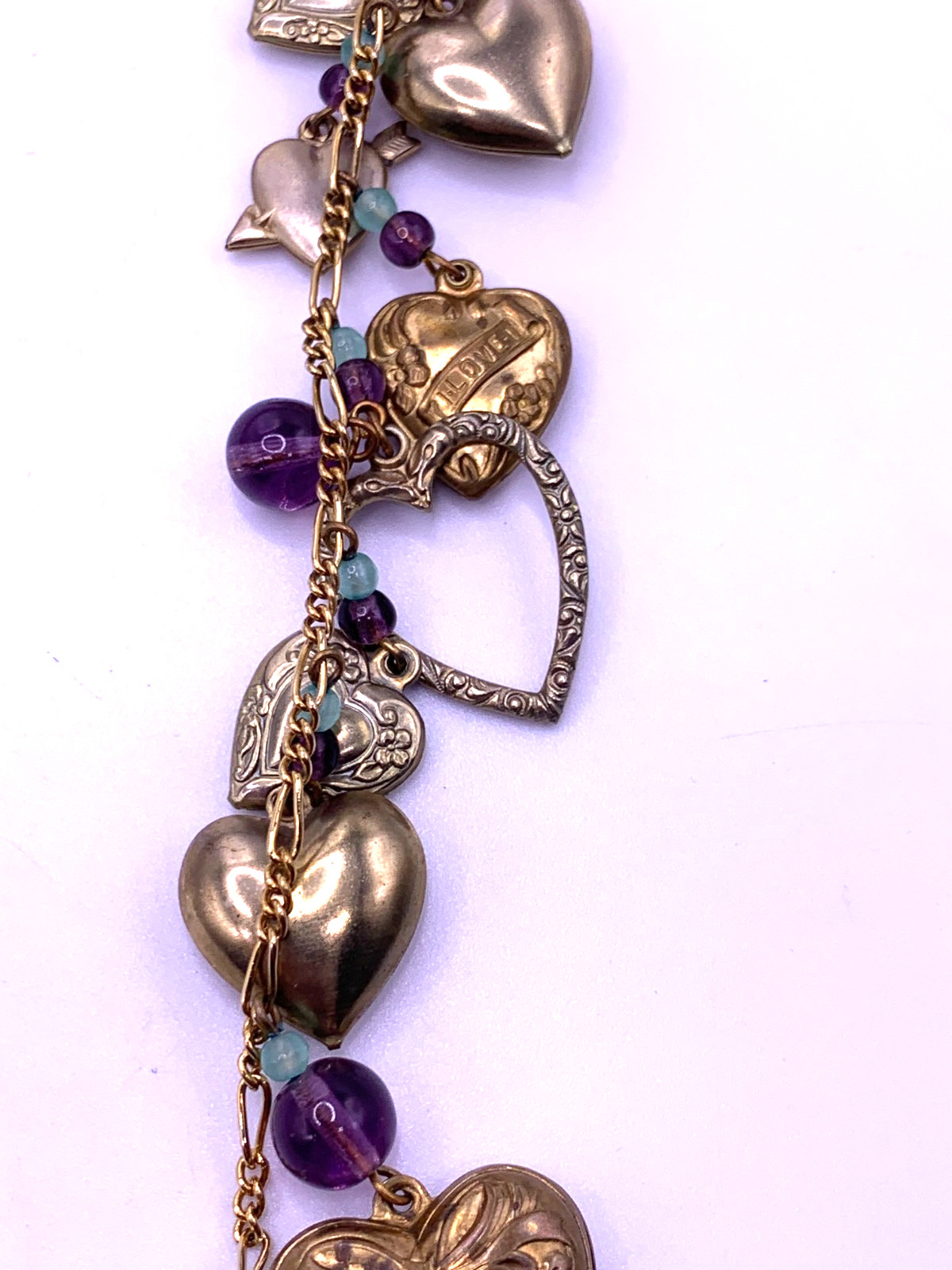 Vintage Lucy Isaacs Charm Necklace puffy hearts Victorian beaded extra long