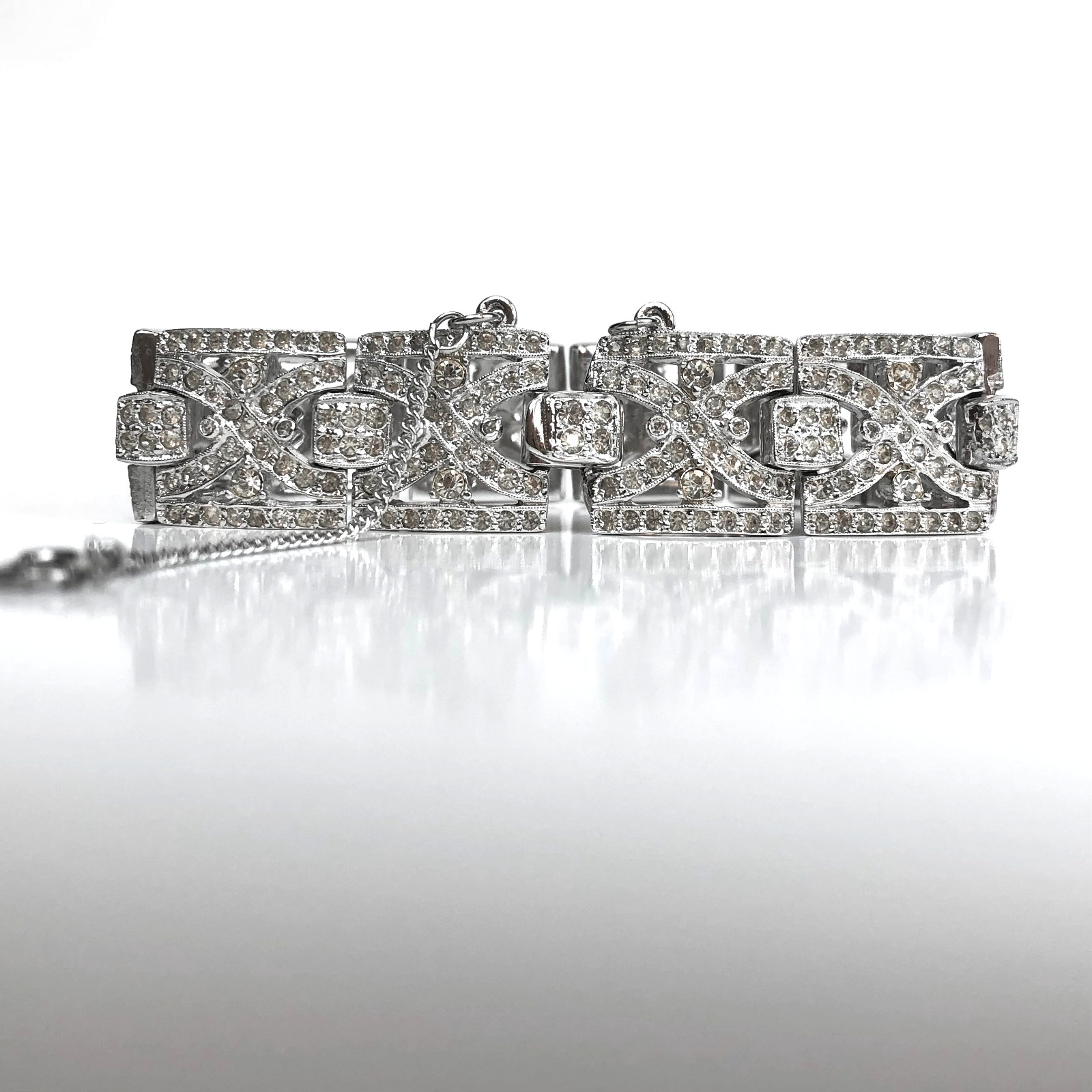 Vintage Art Deco Rhinestone Bracelet Geometric Panels Safety Chain Clasp